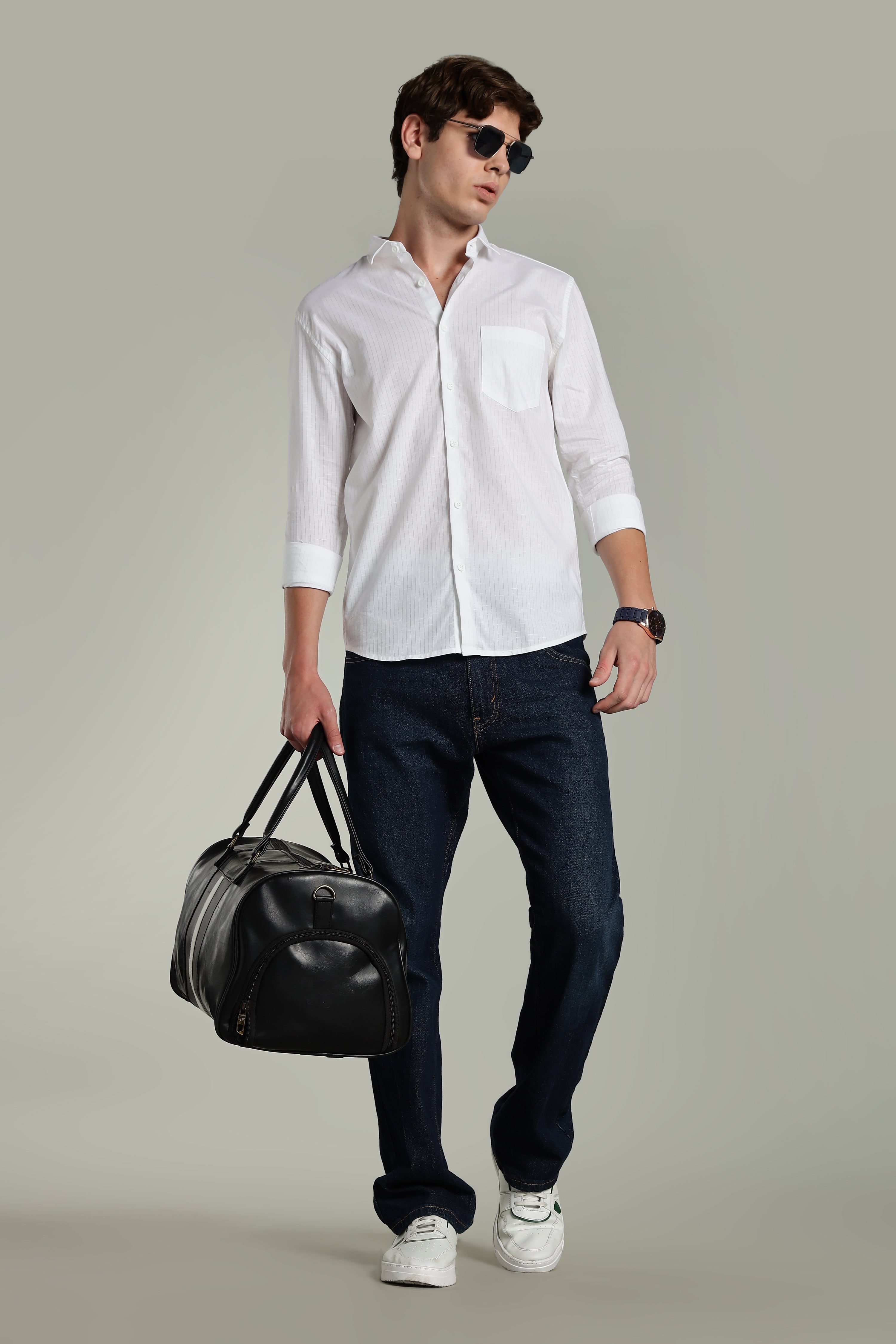 Men Linen Pin Striped White Shirt