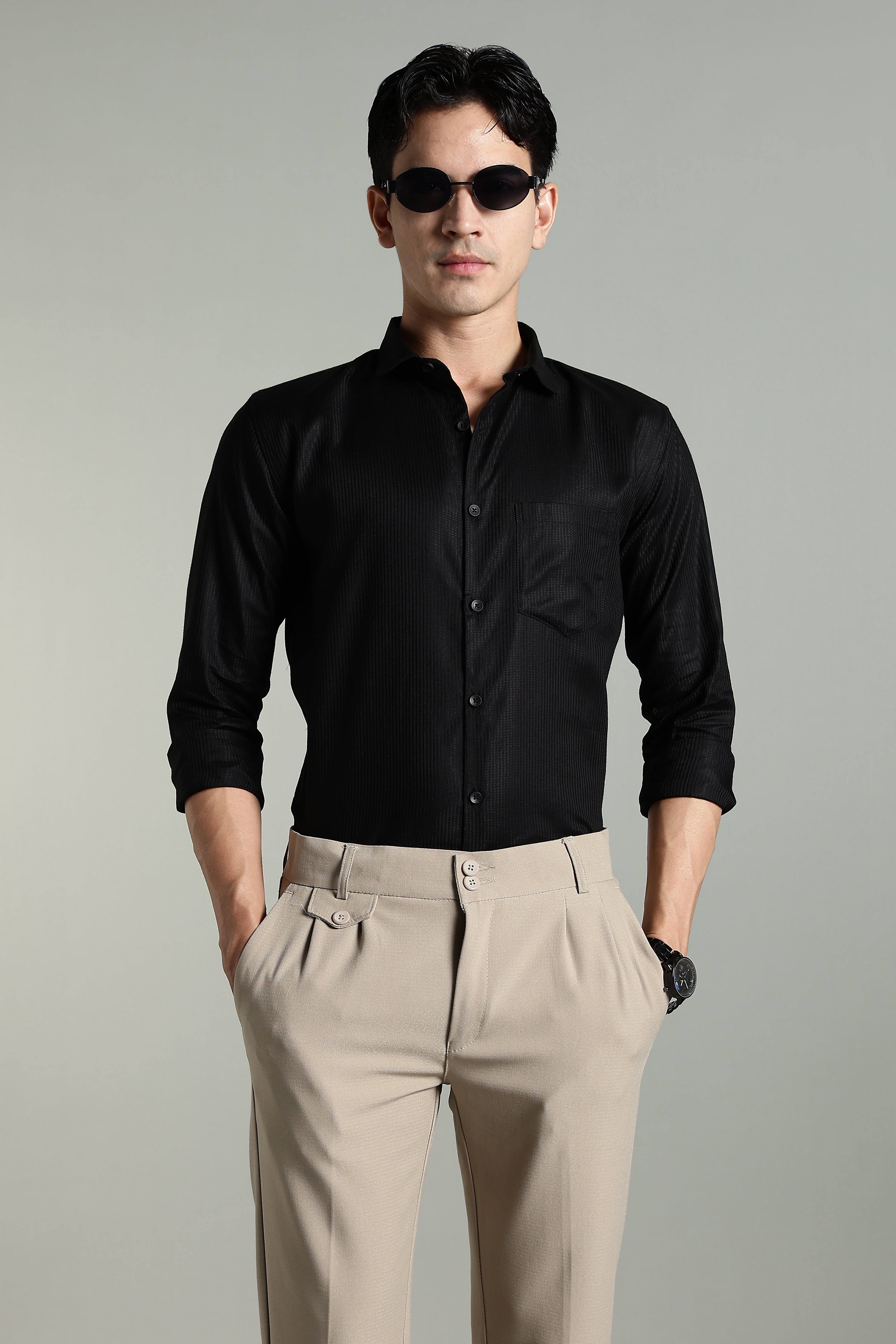 Men Stria Black Solid Shirt