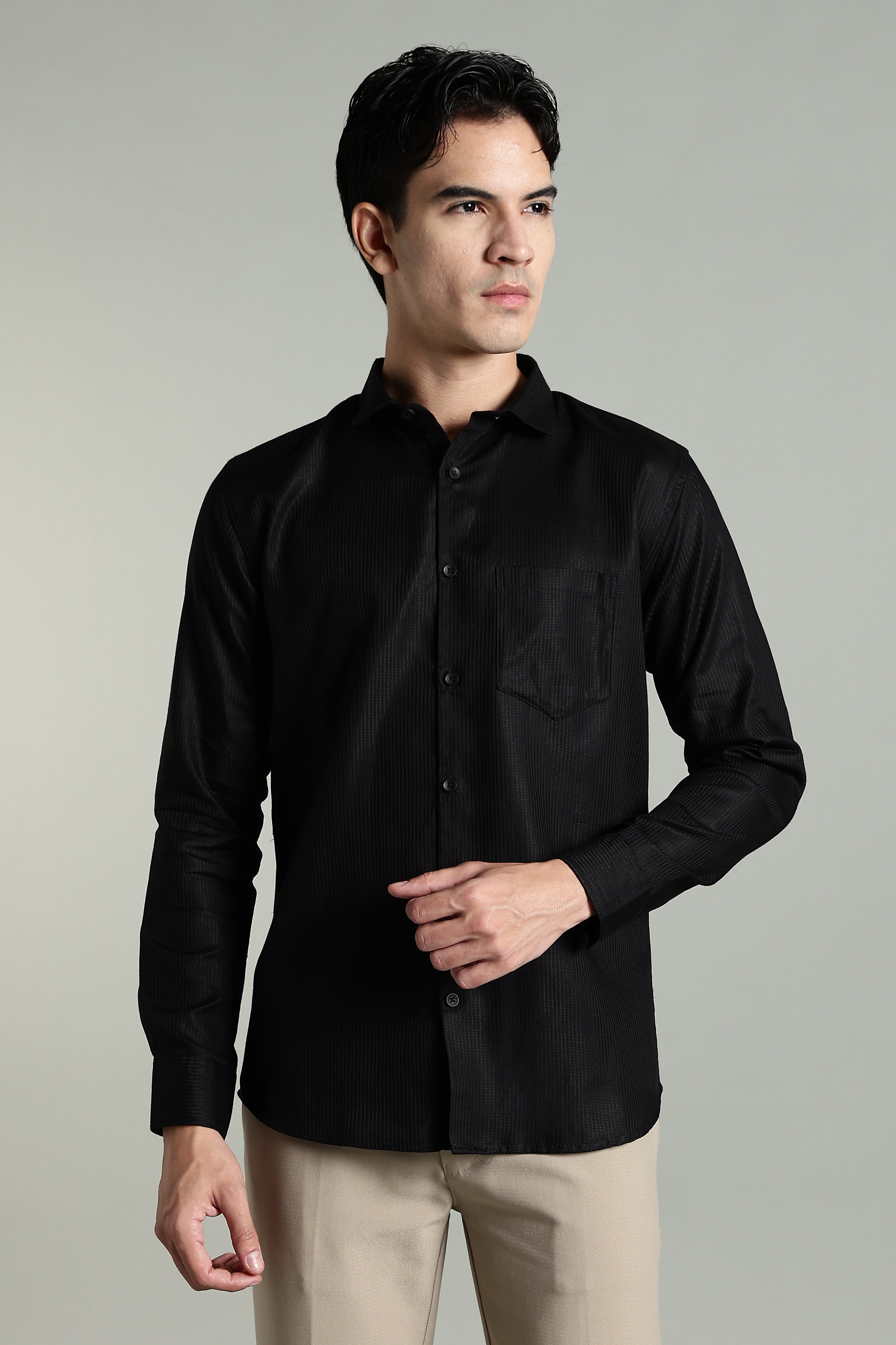 Men Stria Black Solid Shirt
