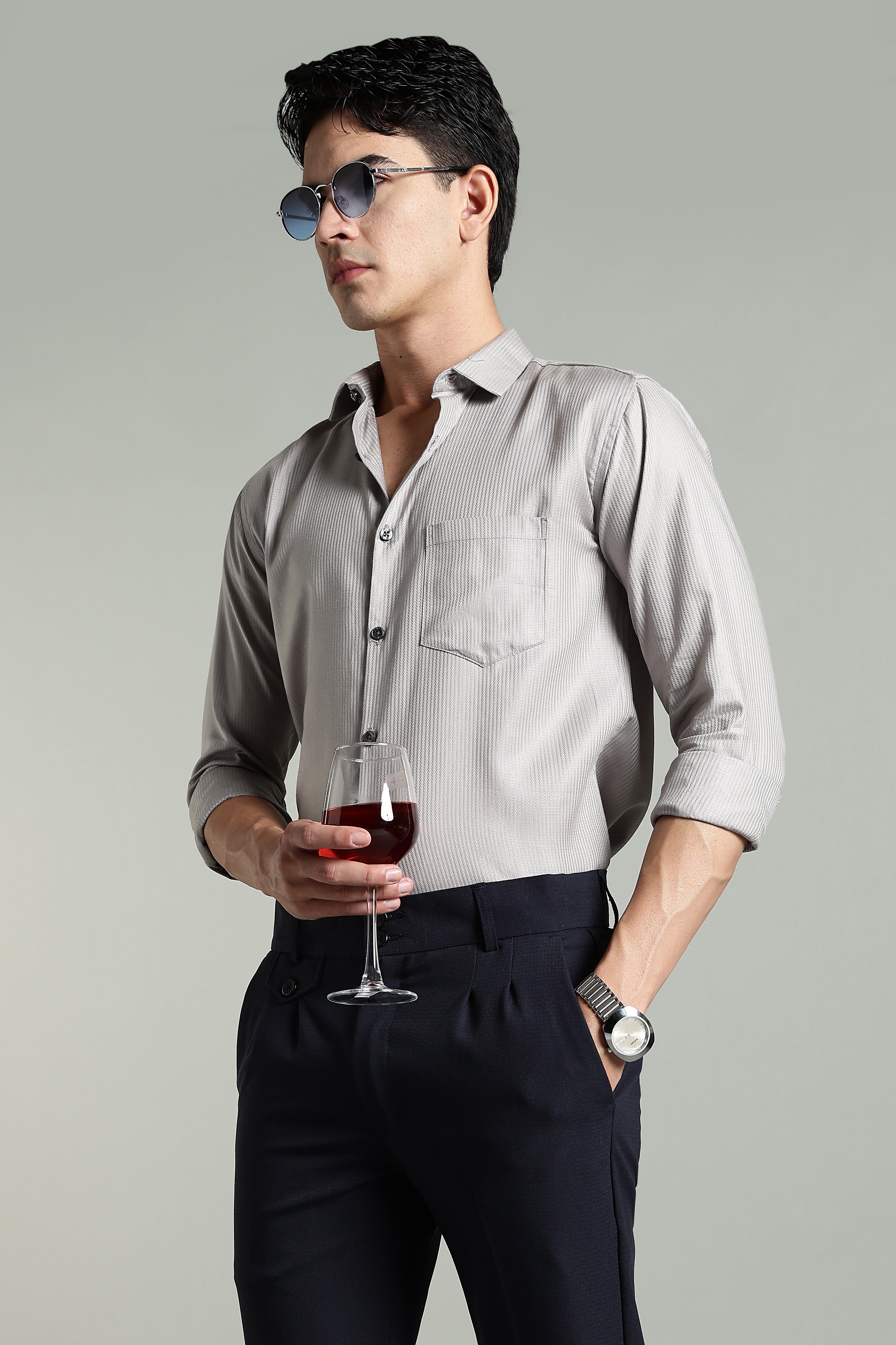 Men Stria Grey Solid Shirt