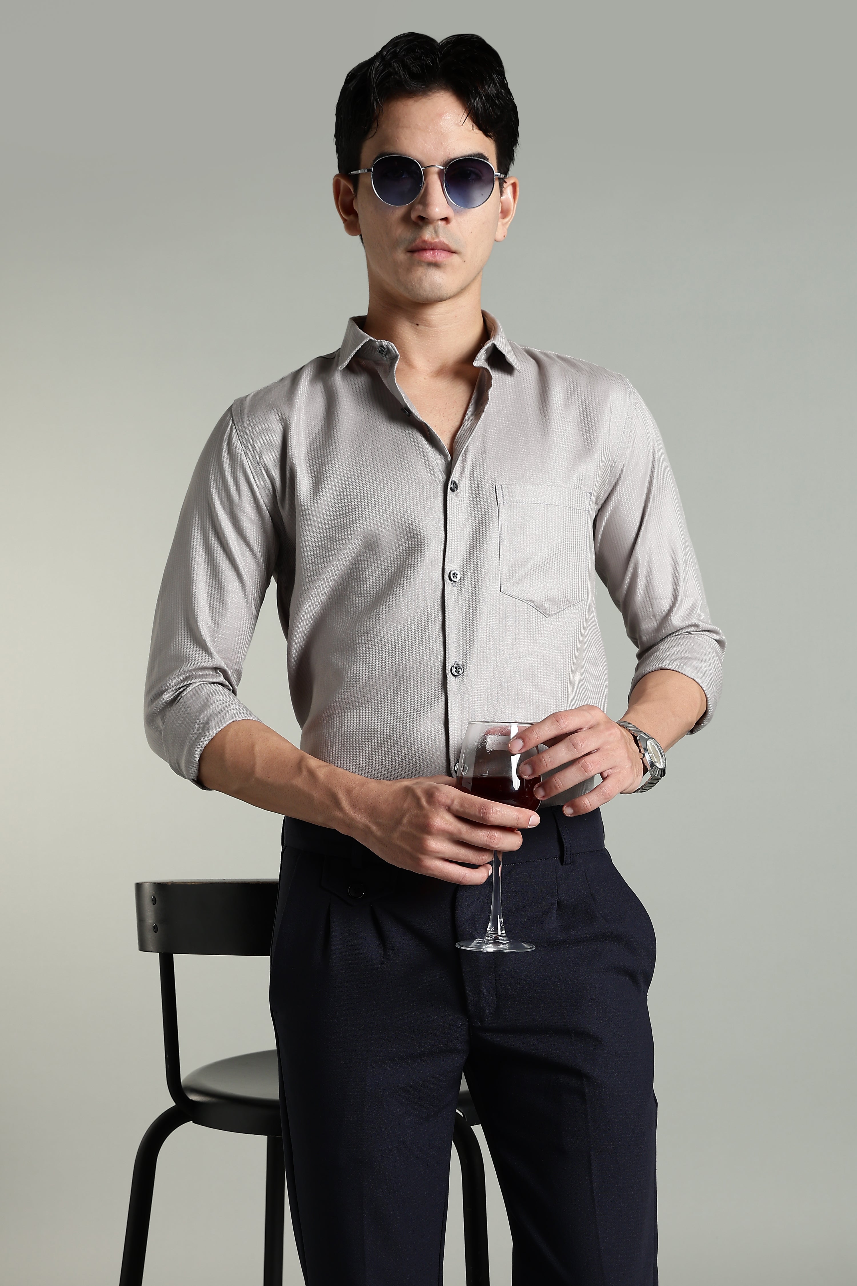Men Stria Grey Solid Shirt