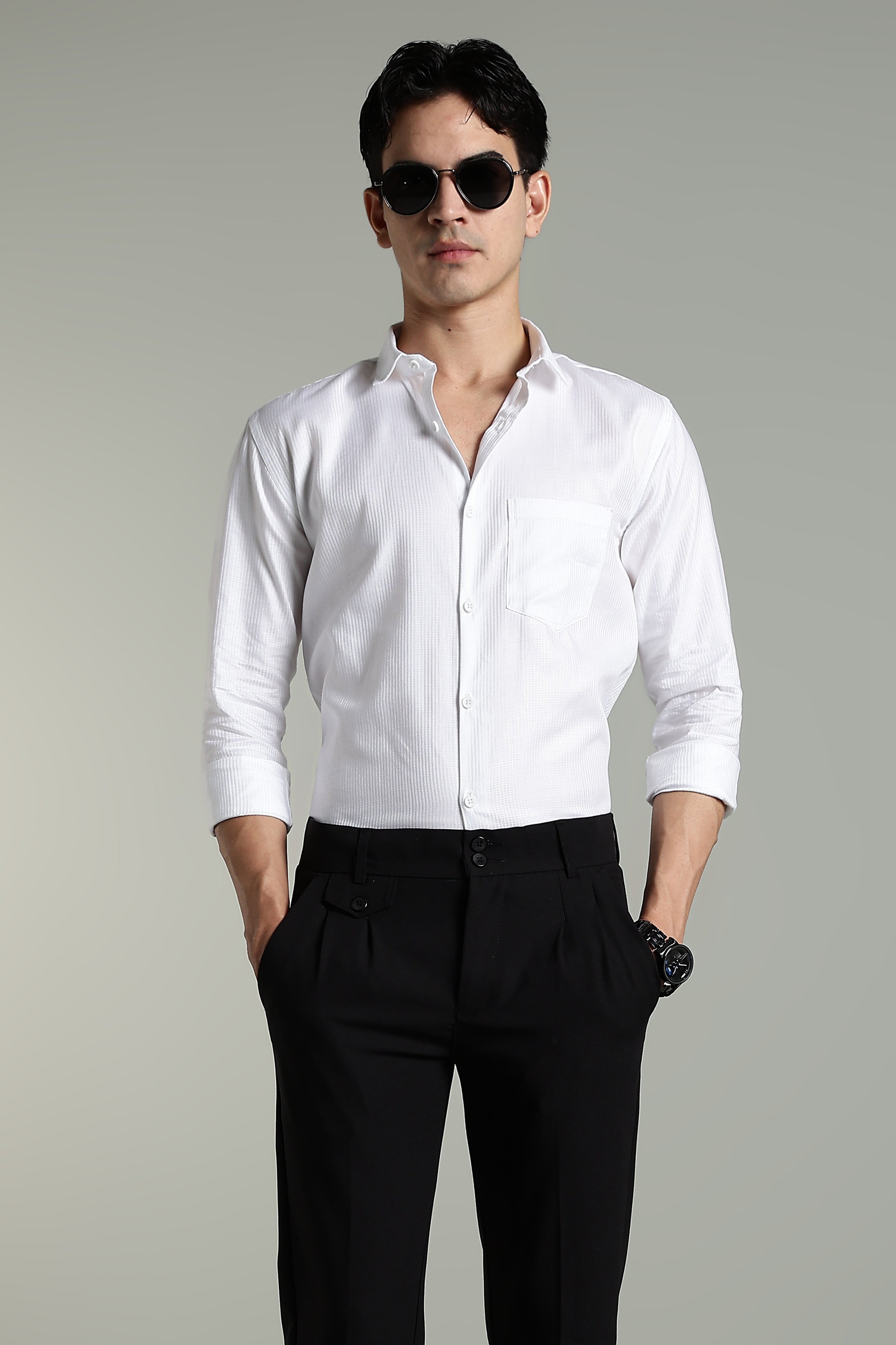 Men Stria White Solid Shirt