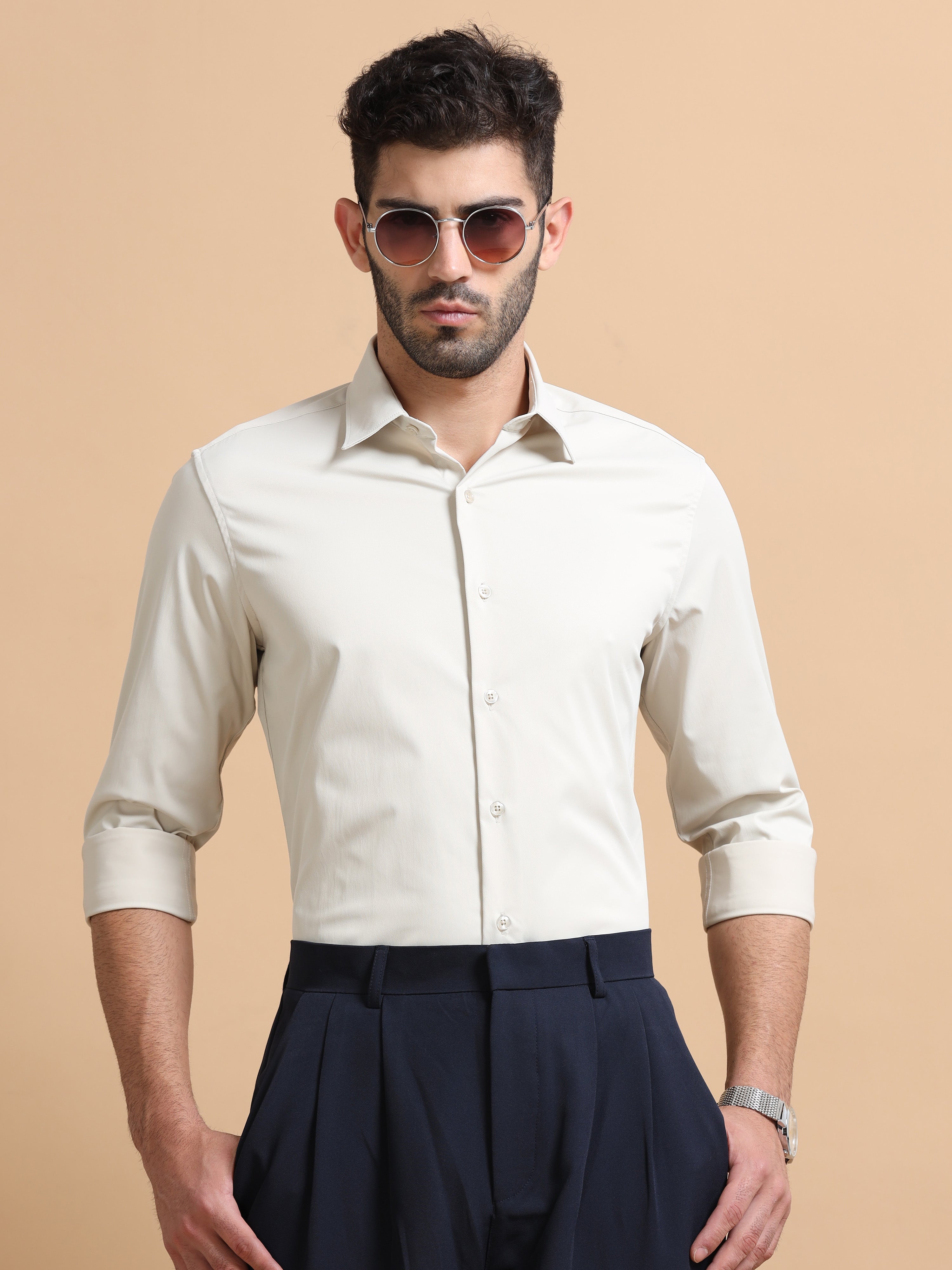 Men Beige Solid Polyester Shirt
