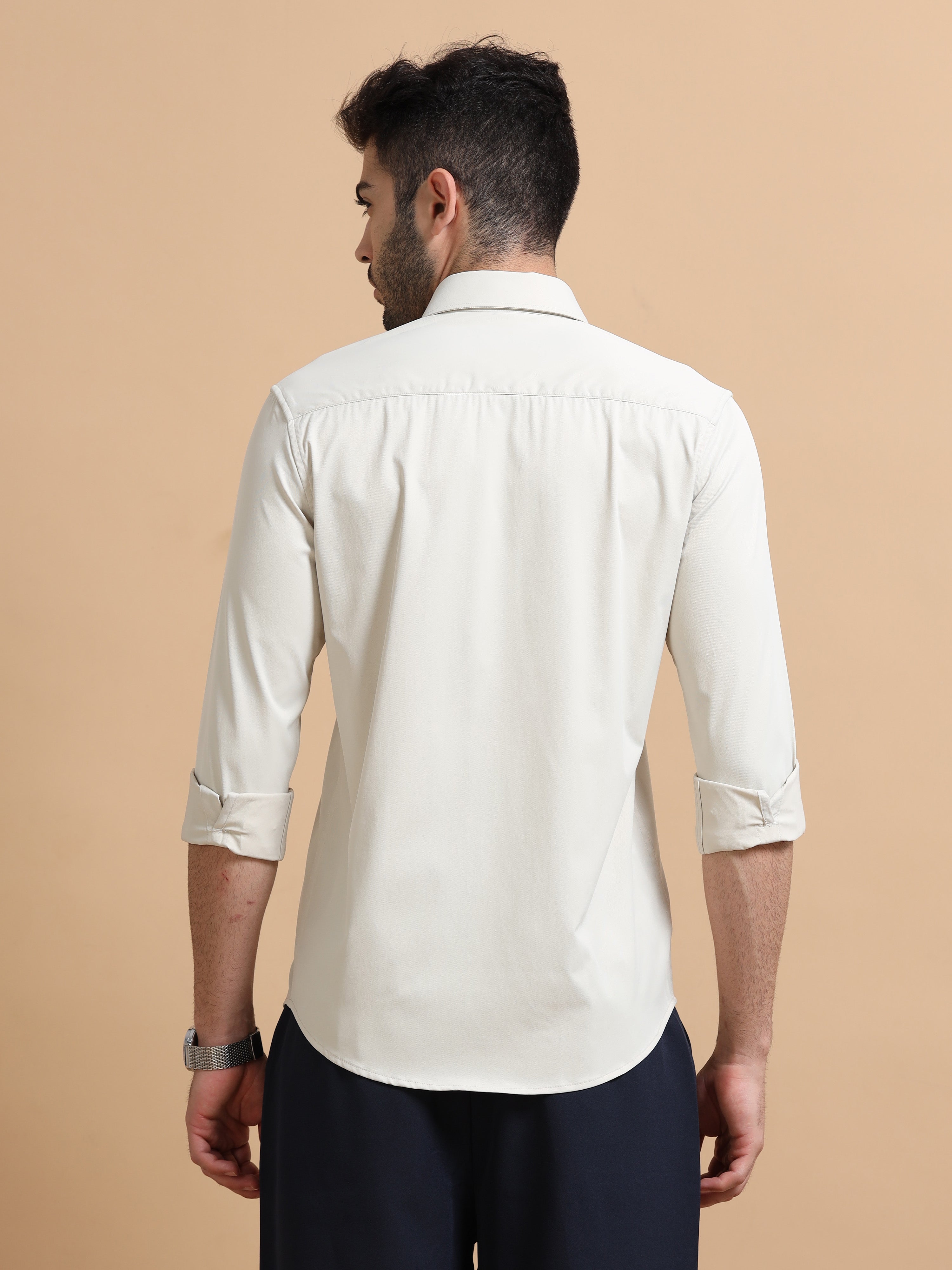 Men Beige Solid Polyester Shirt