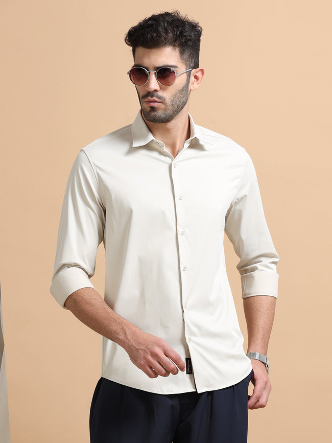 Men Beige Solid Polyester Shirt