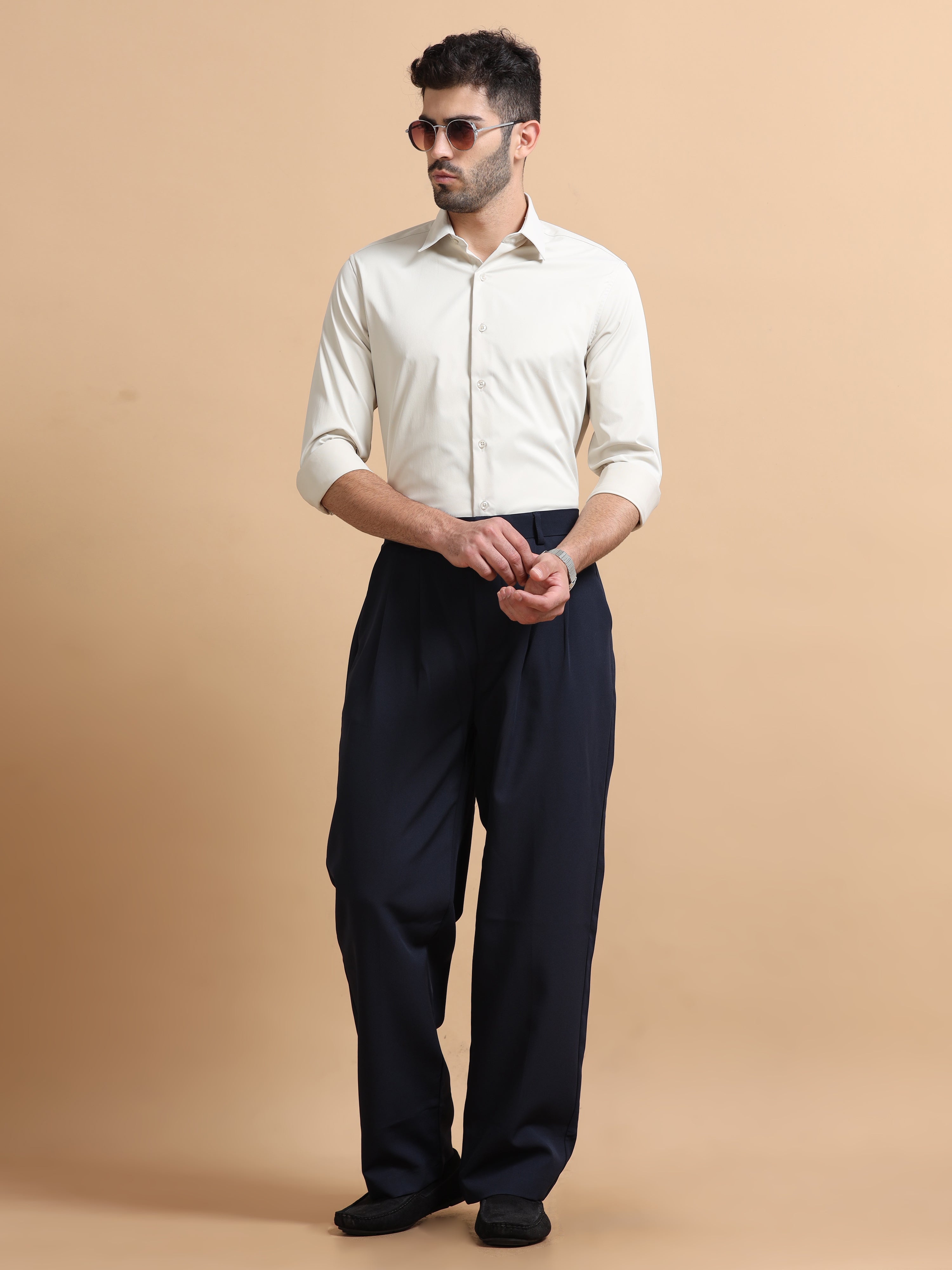 Men Beige Solid Polyester Shirt