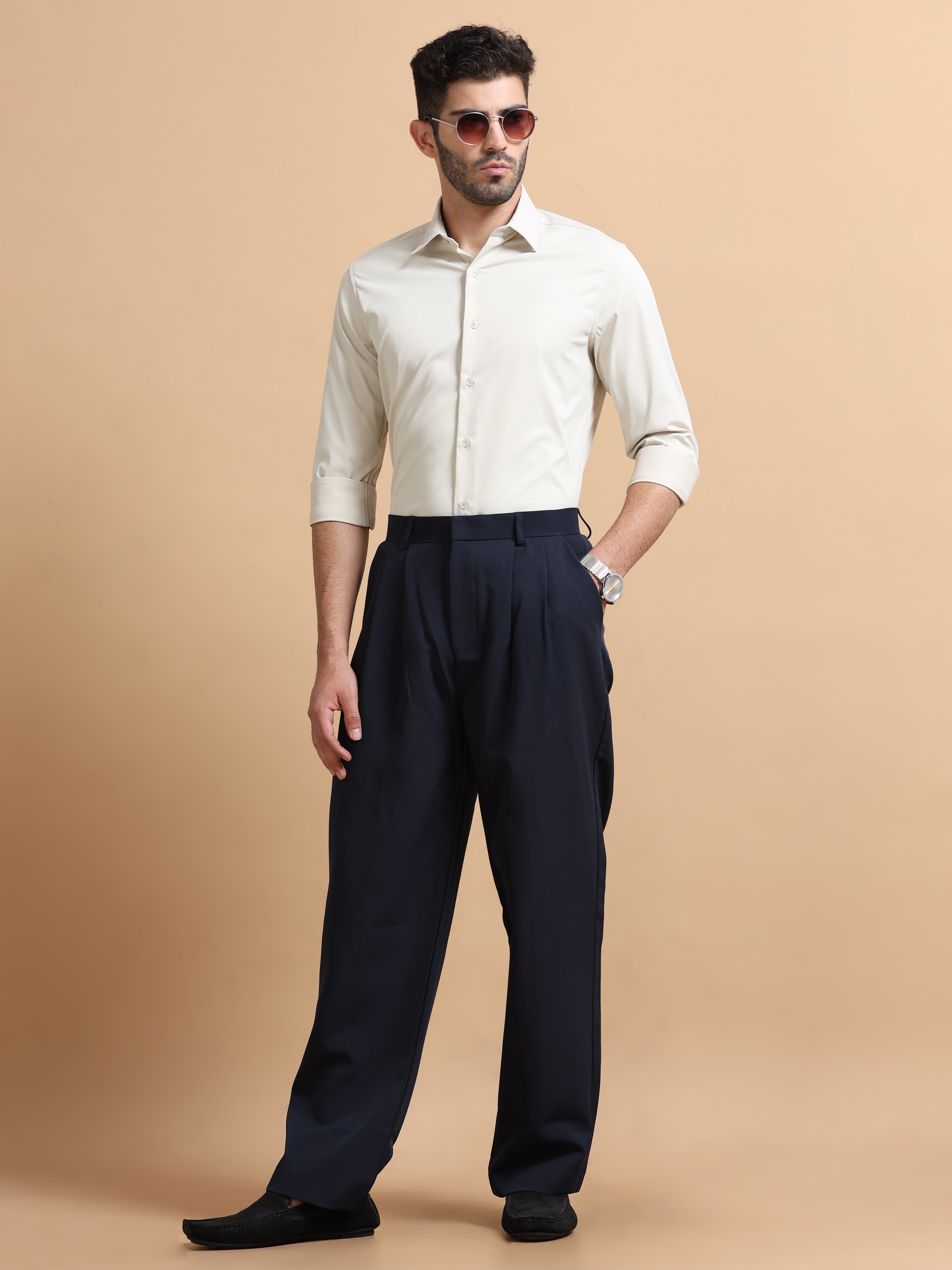 Men Beige Solid Polyester Shirt