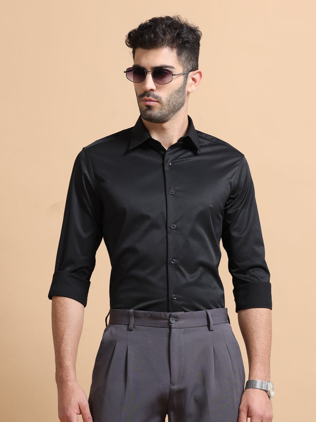 Men Black Solid Polyester Shirt