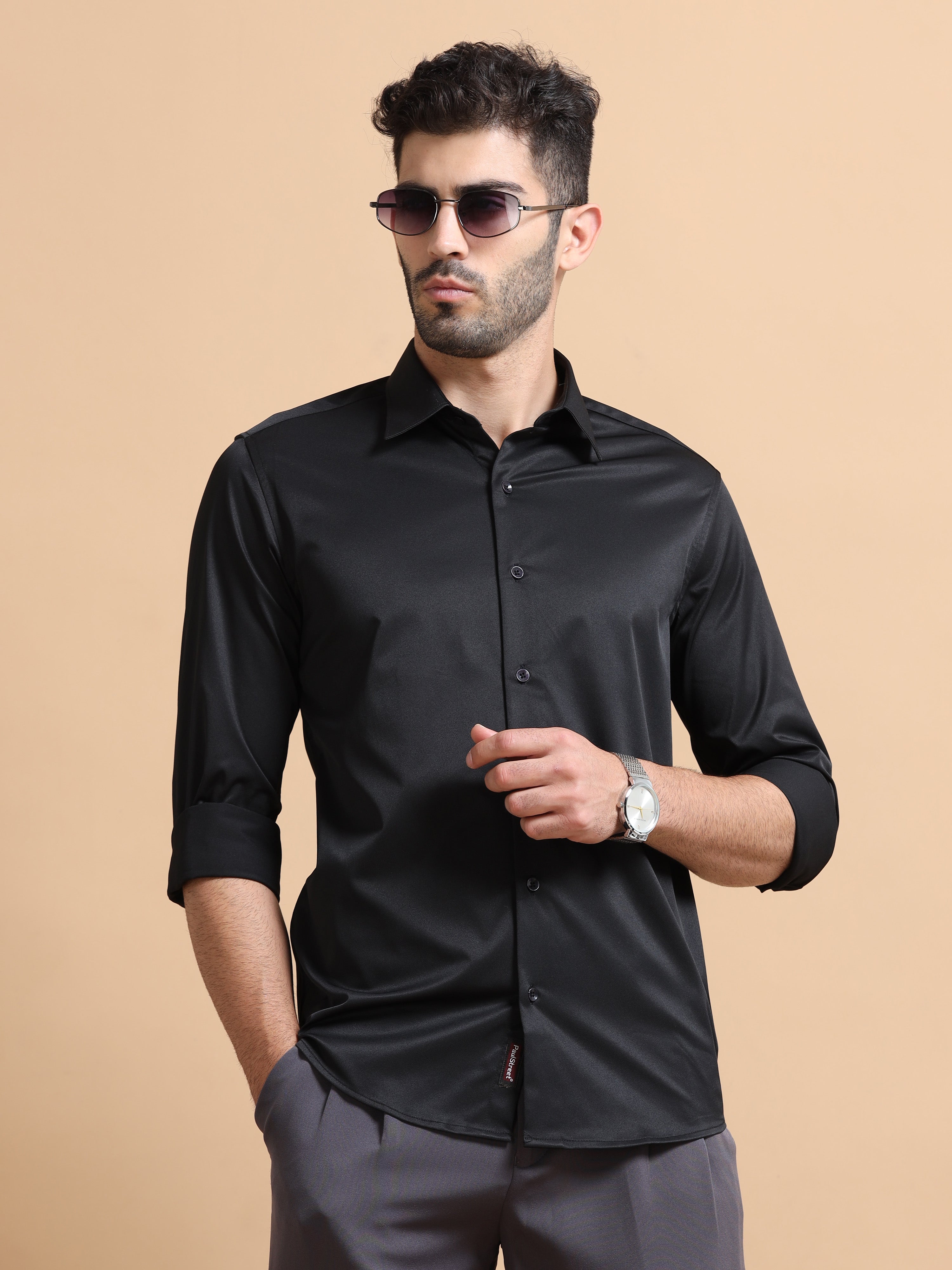 Men Black Solid Polyester Shirt