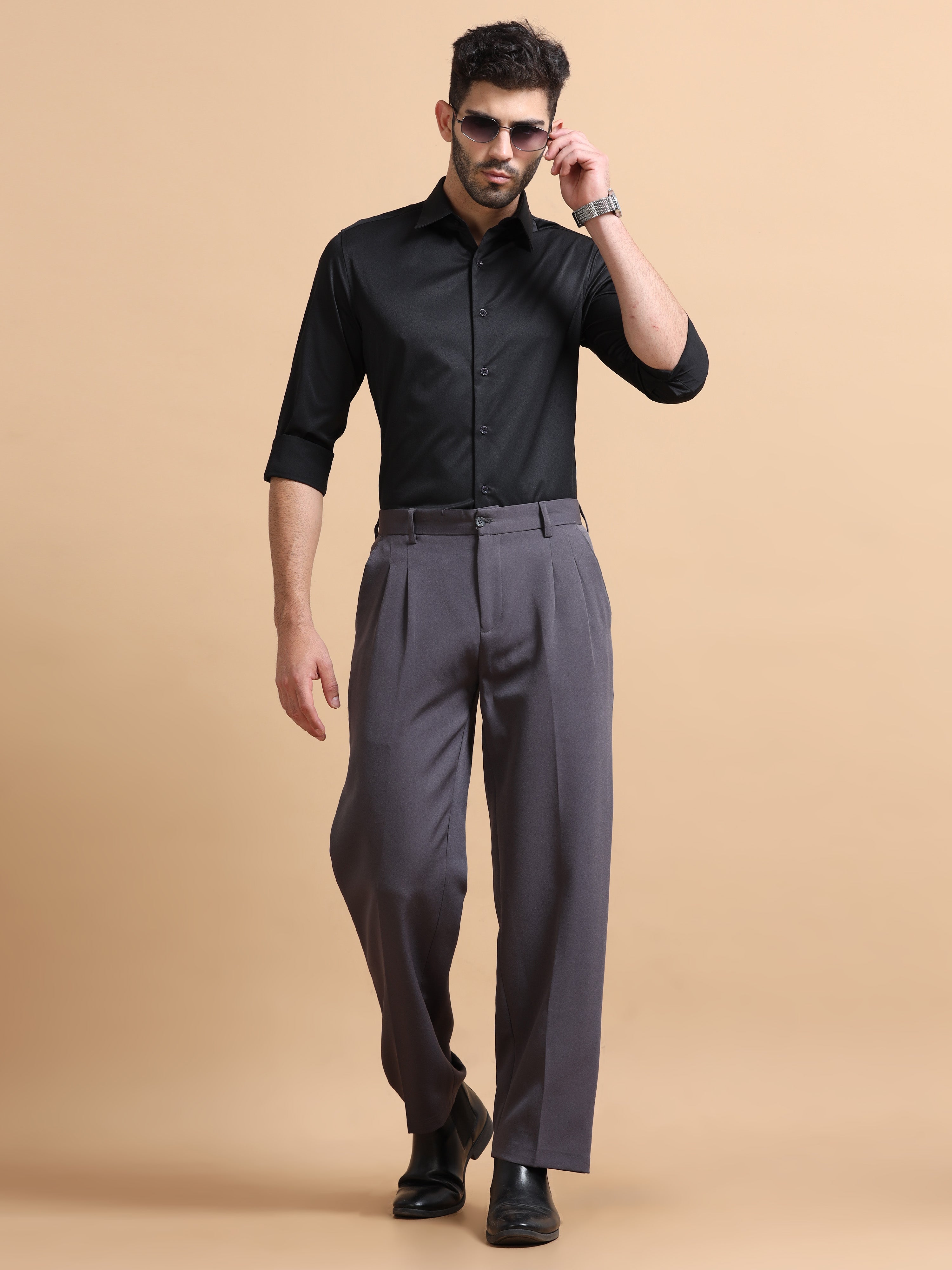 Men Black Solid Polyester Shirt