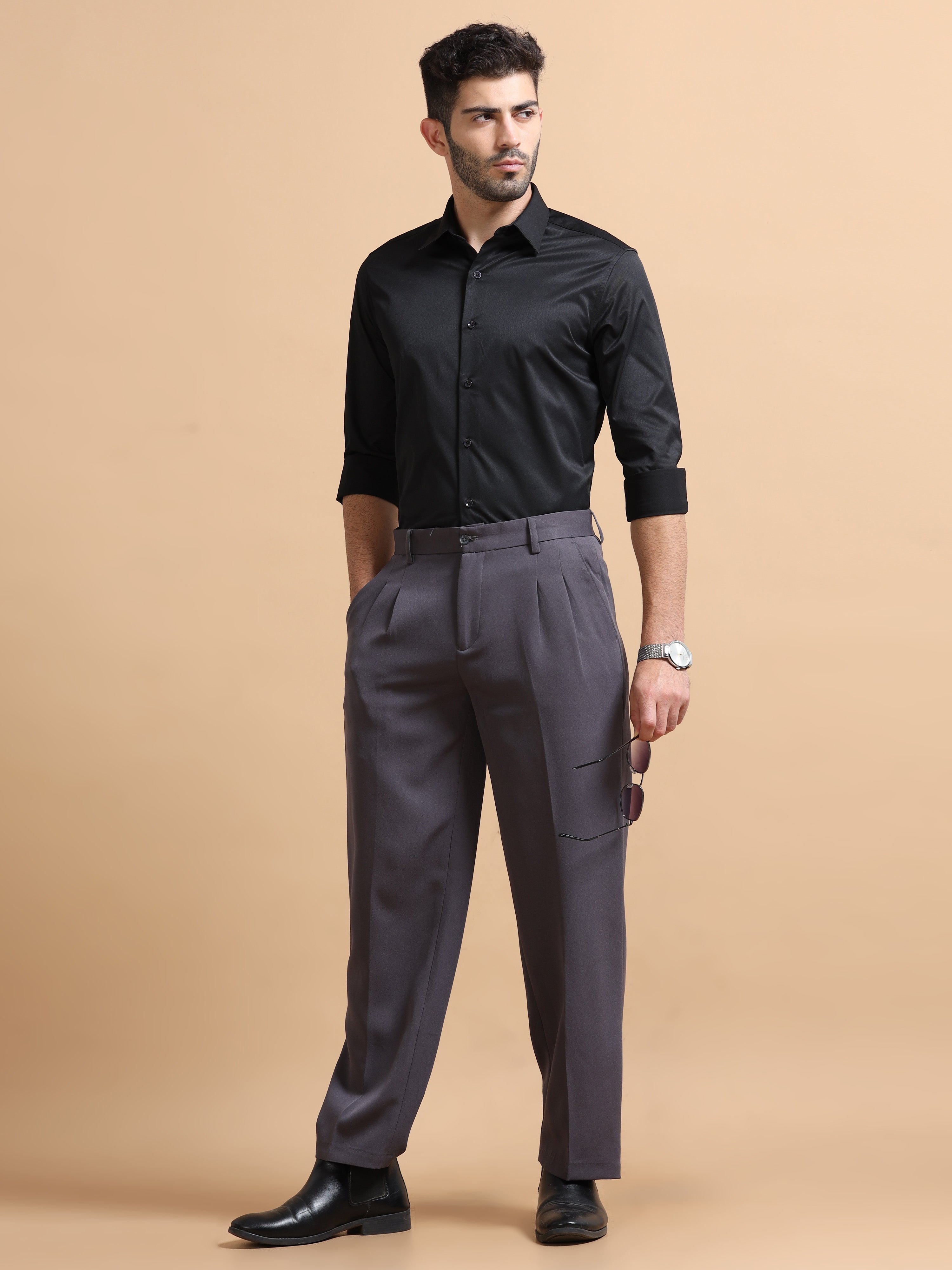 Men Black Solid Polyester Shirt