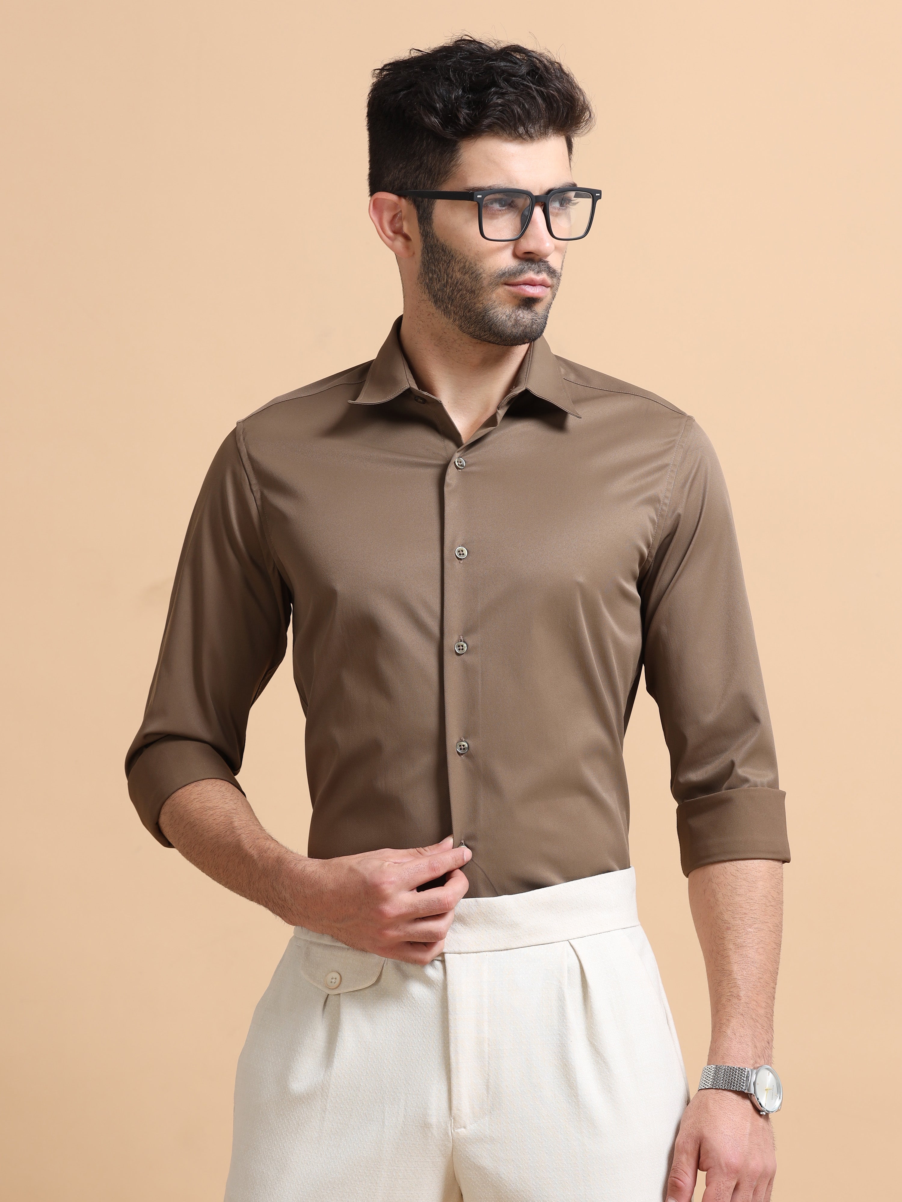 Men Brown Solid Polyester Shirt