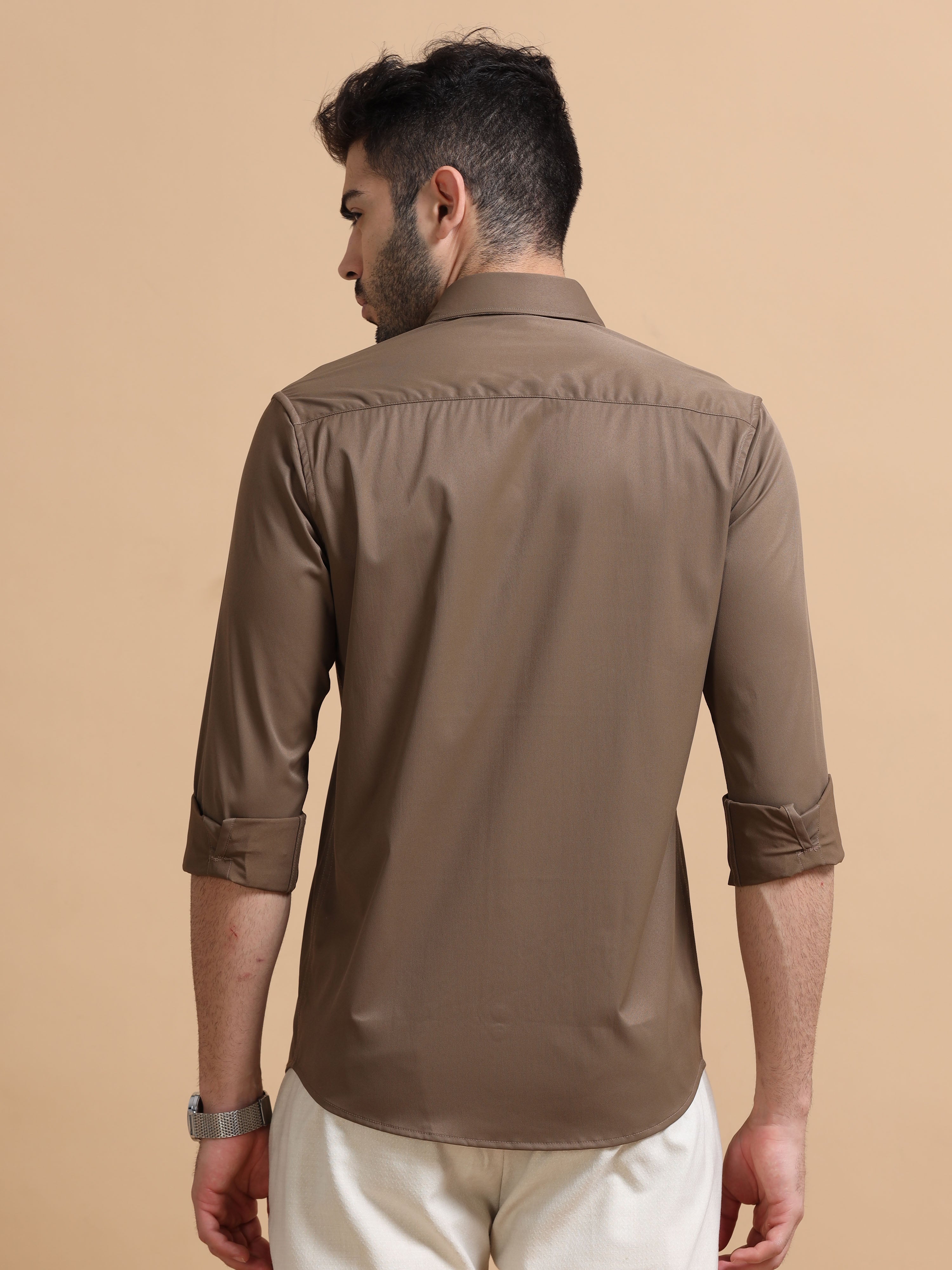 Men Brown Solid Polyester Shirt
