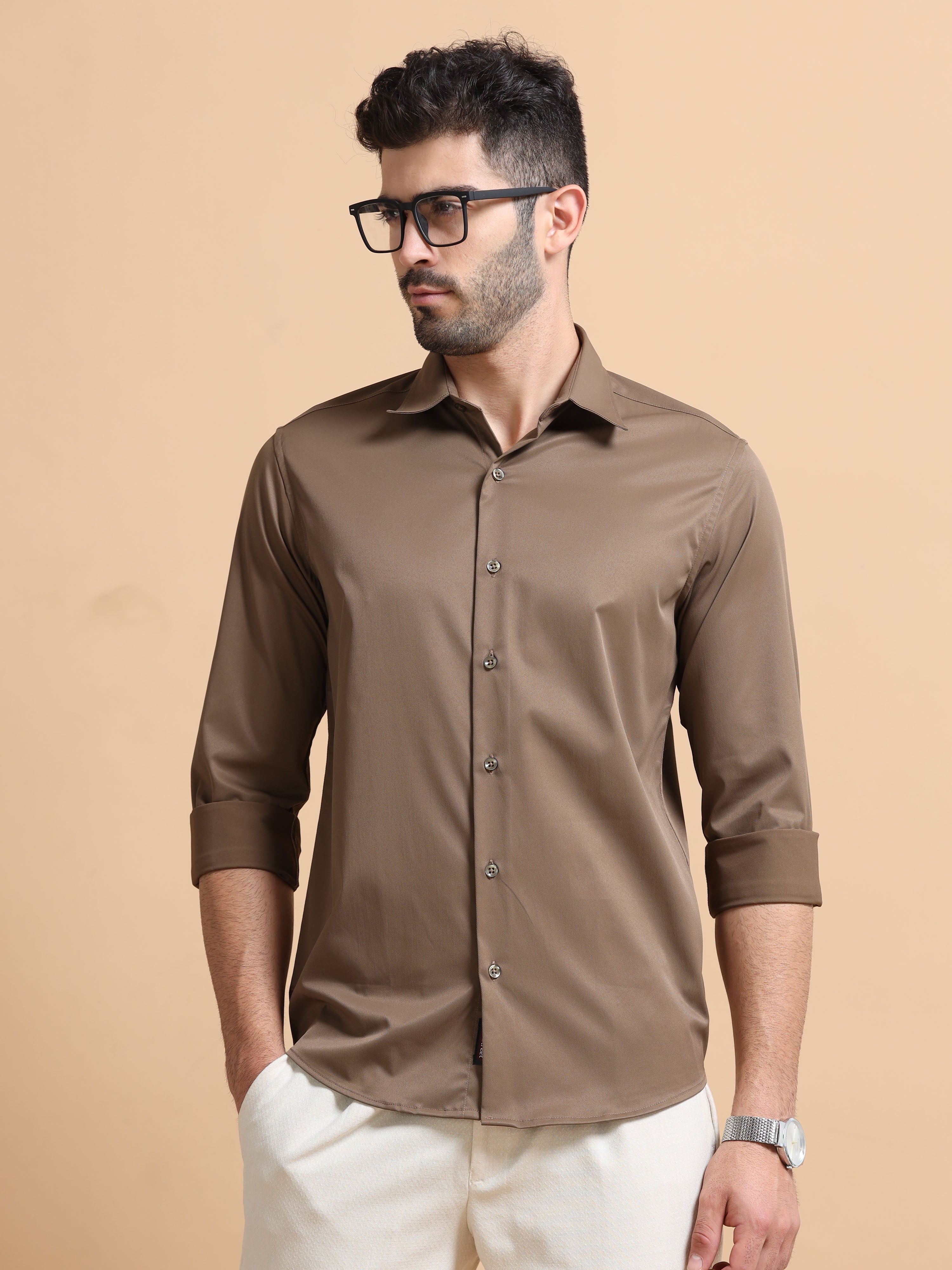 Men Brown Solid Polyester Shirt