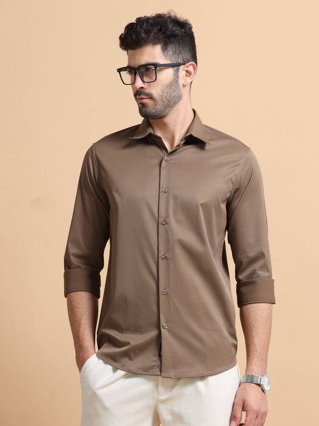 Men Brown Solid Polyester Shirt