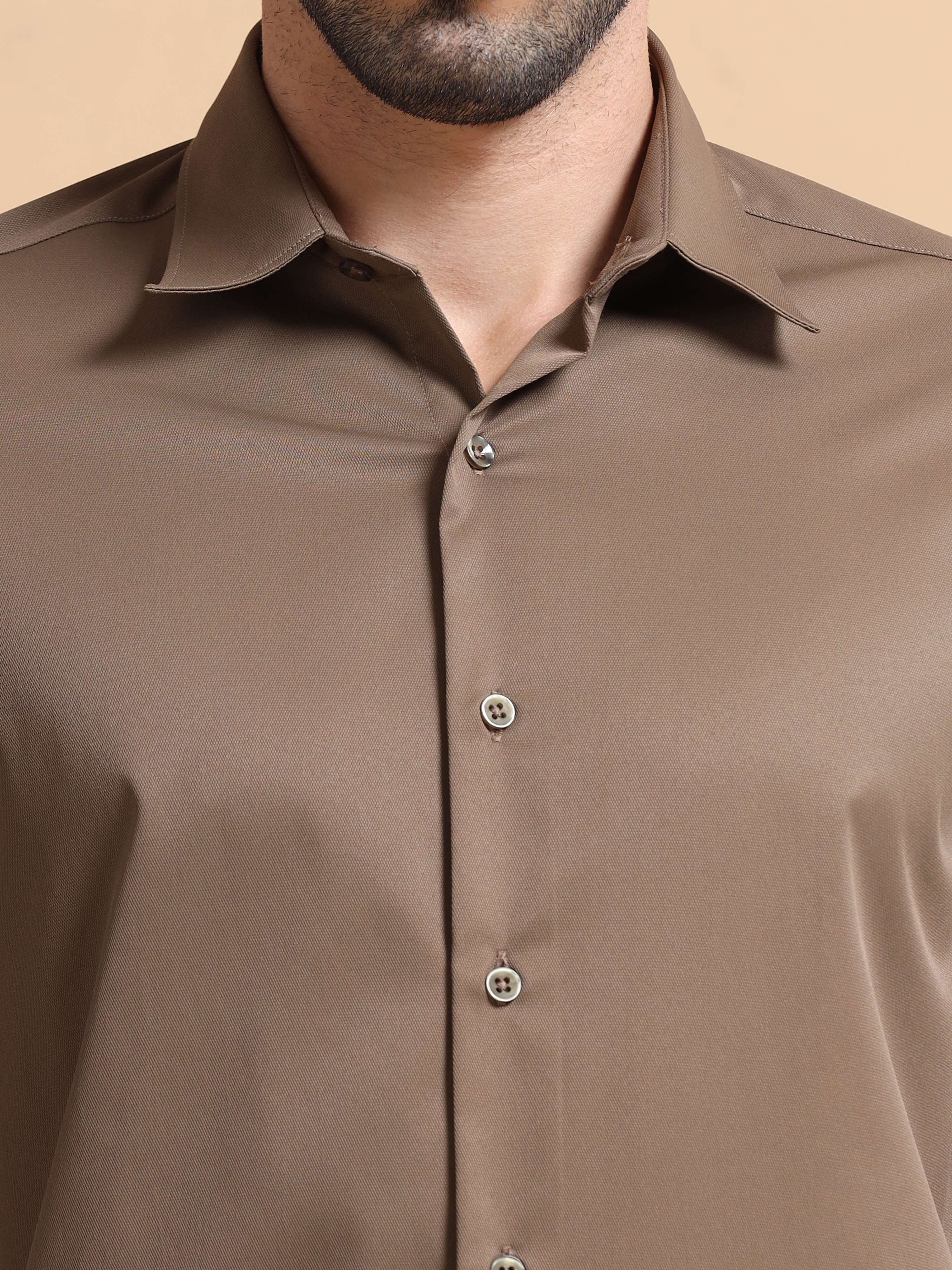 Men Brown Solid Polyester Shirt