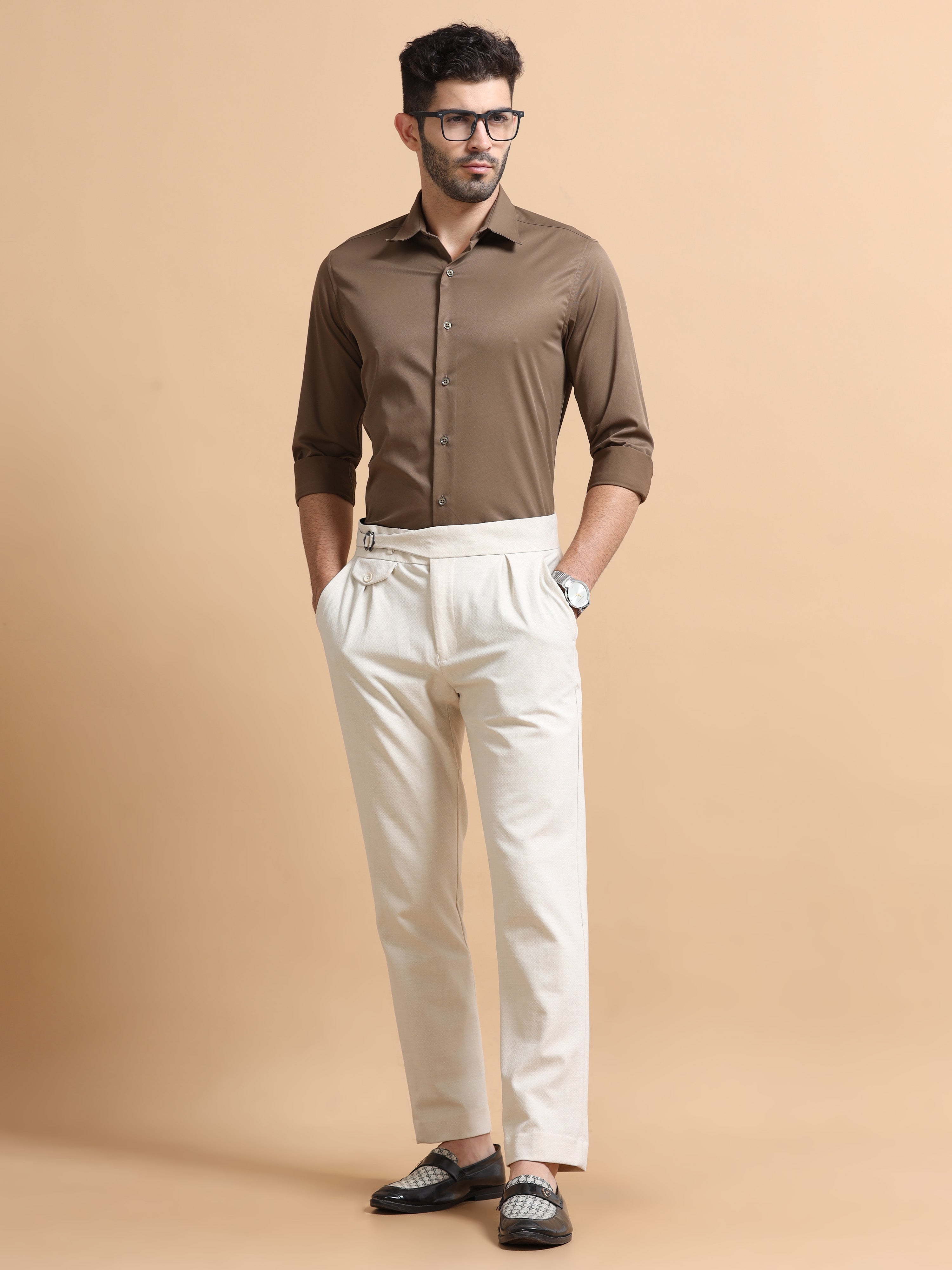 Men Brown Solid Polyester Shirt