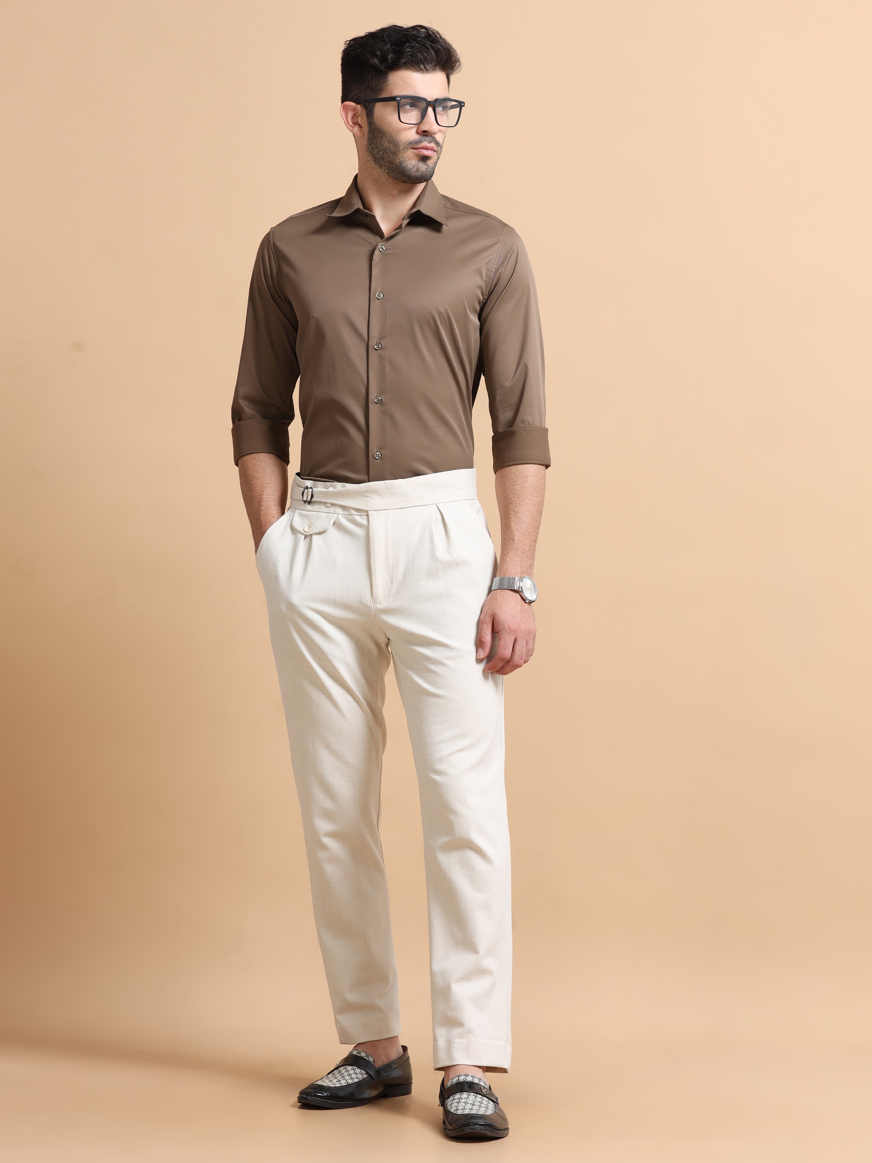 Men Brown Solid Polyester Shirt