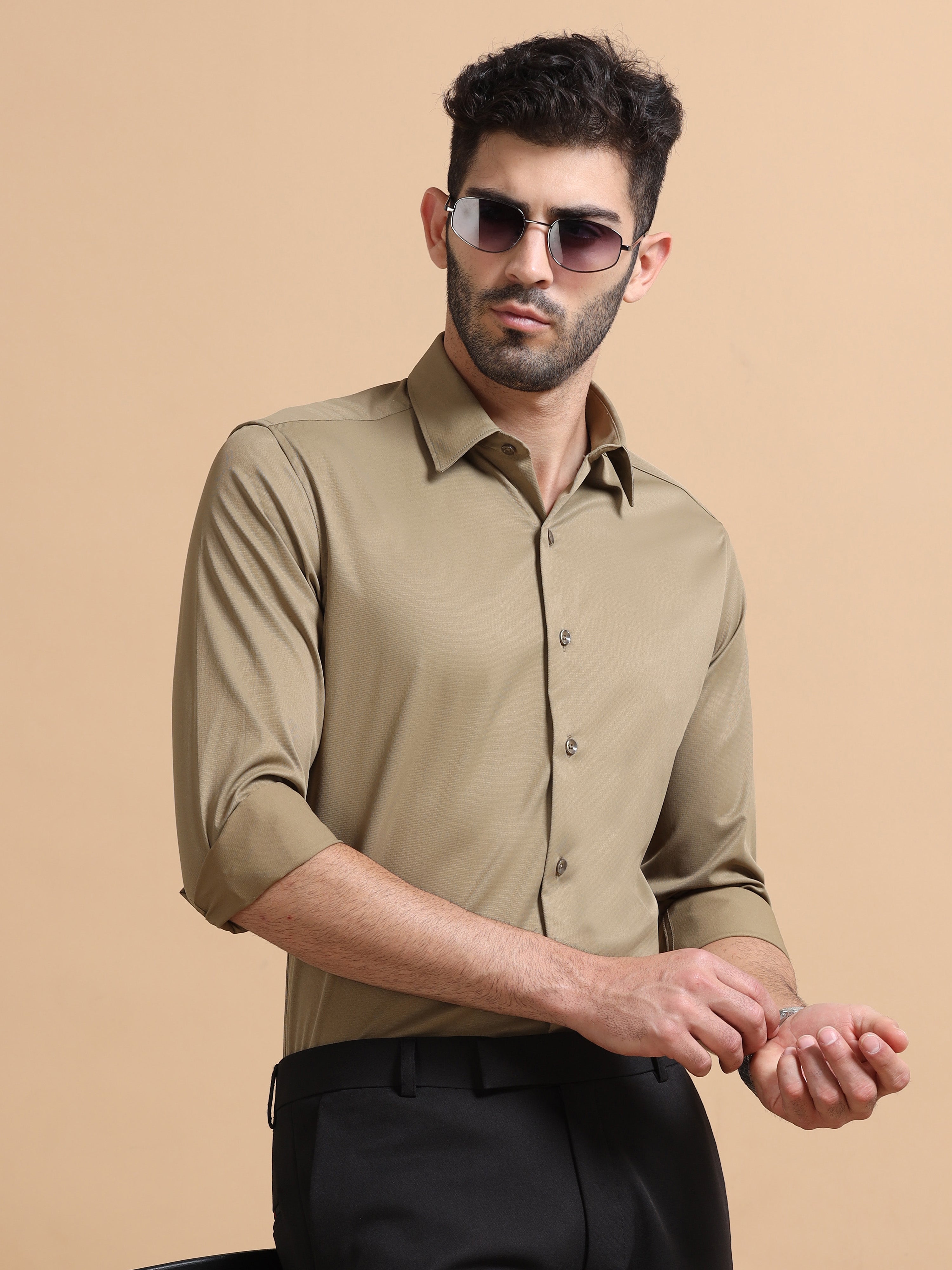 Men Khaki Solid Polyester Shirt