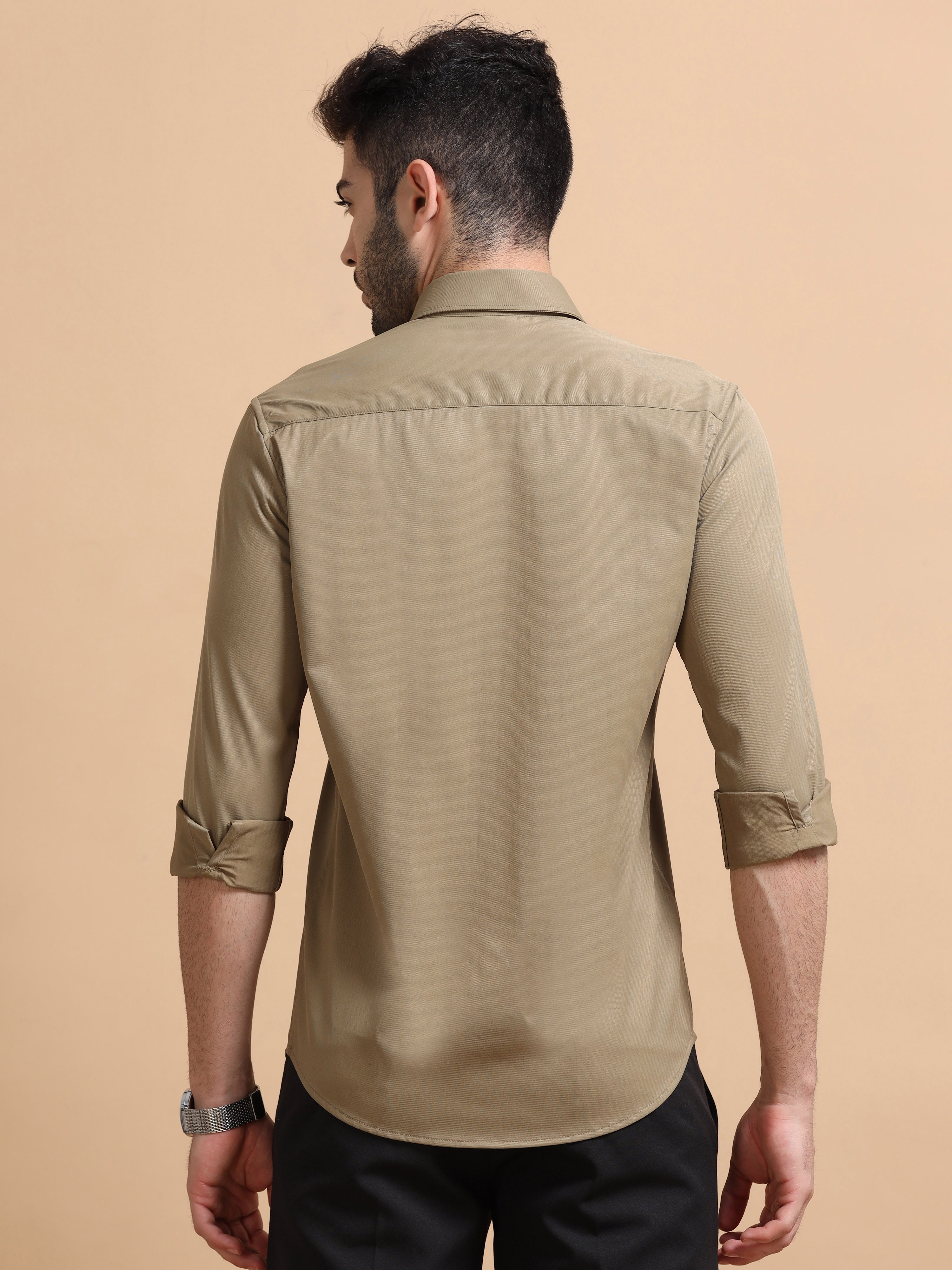 Men Khaki Solid Polyester Shirt