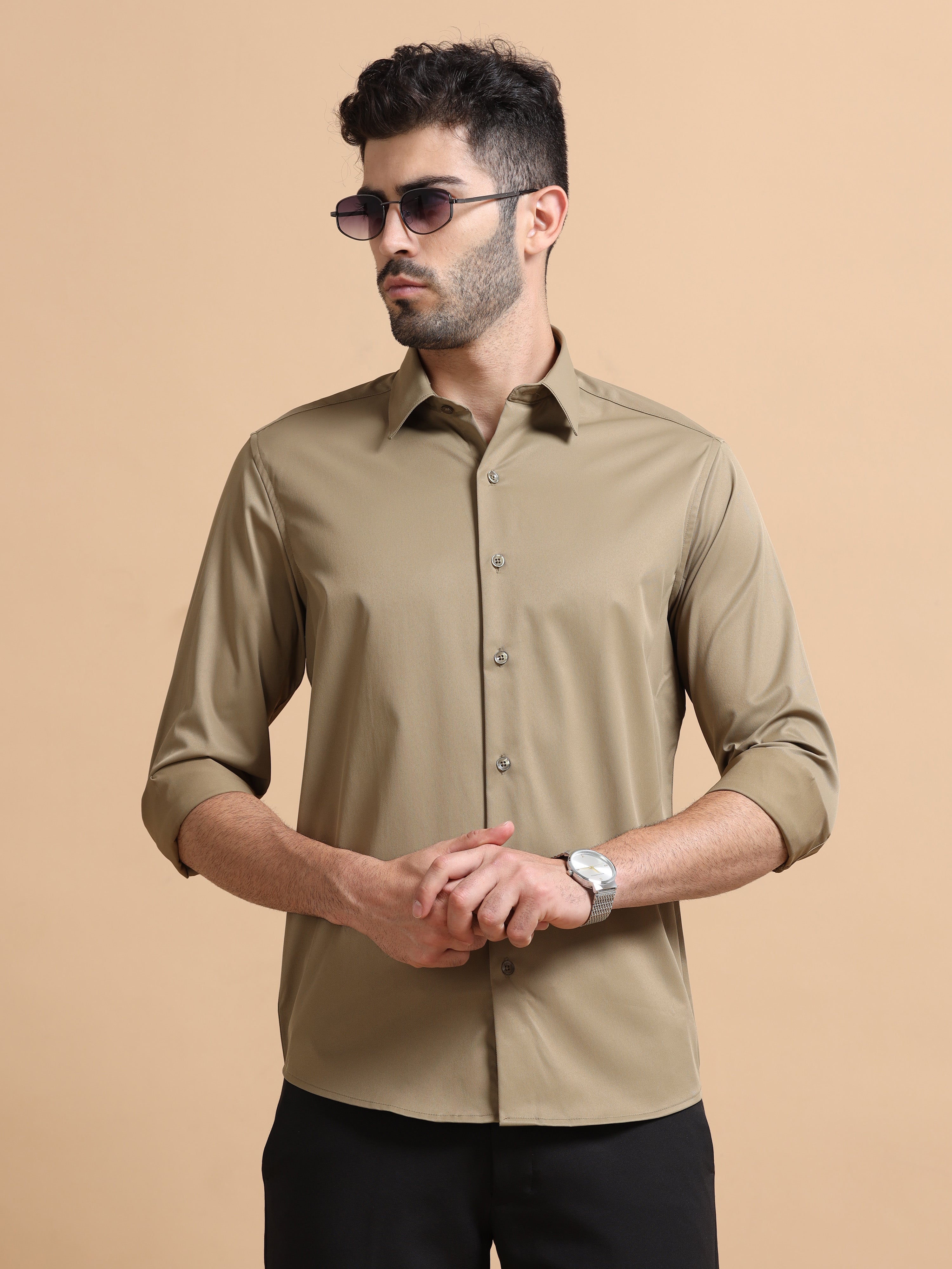 Men Khaki Solid Polyester Shirt