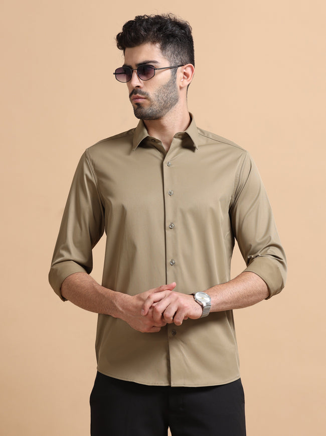 Men Khaki Solid Polyester Shirt