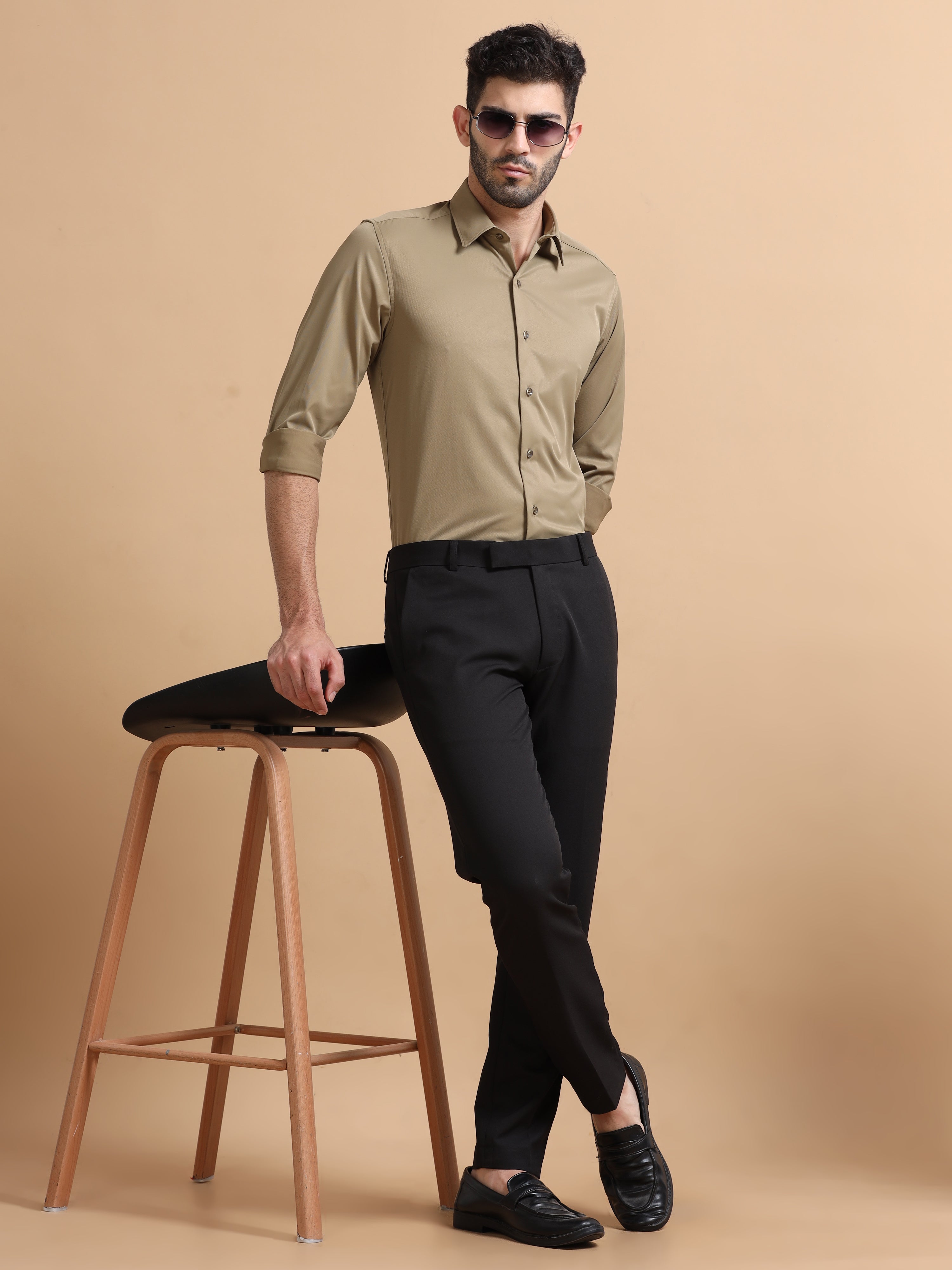 Men Khaki Solid Polyester Shirt