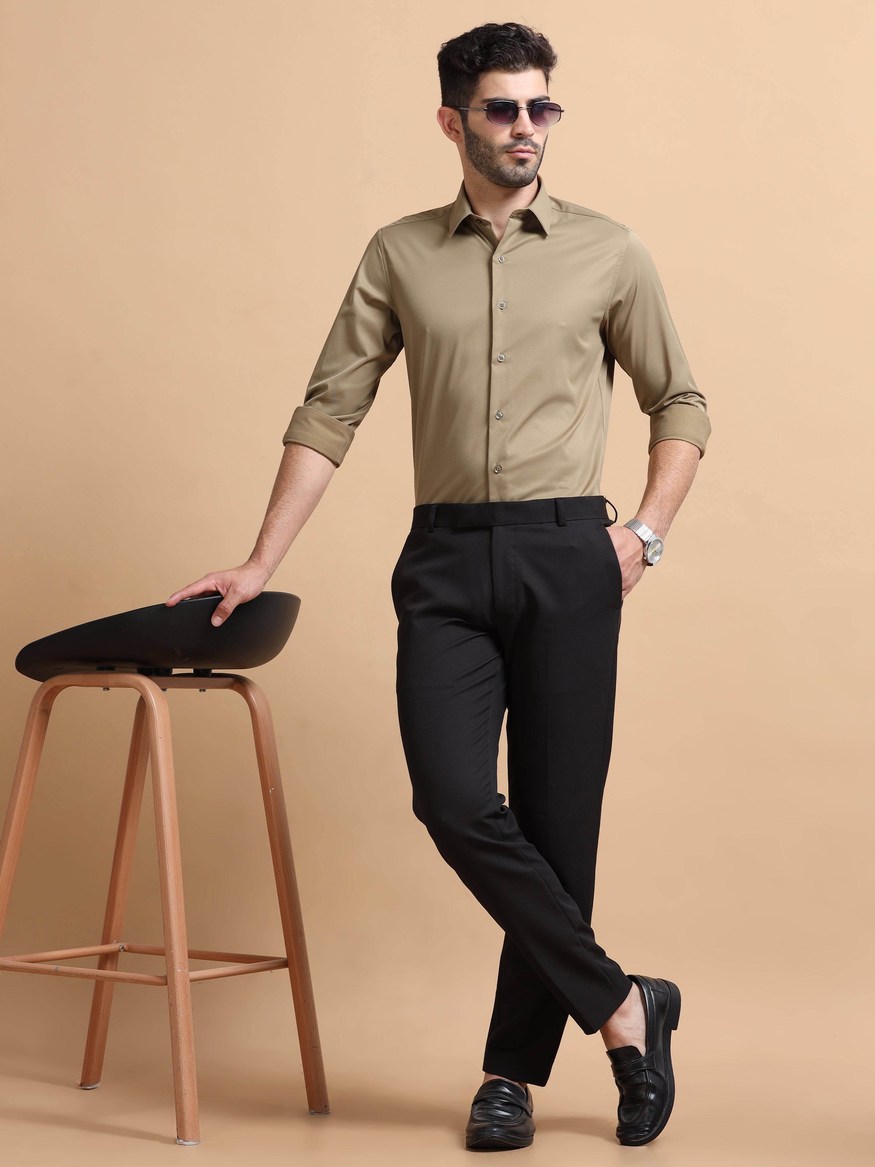 Men Khaki Solid Polyester Shirt