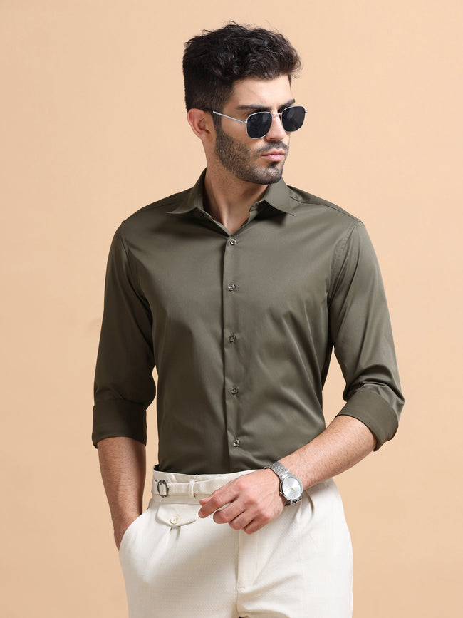 Men Olive Solid Polyester Shirt