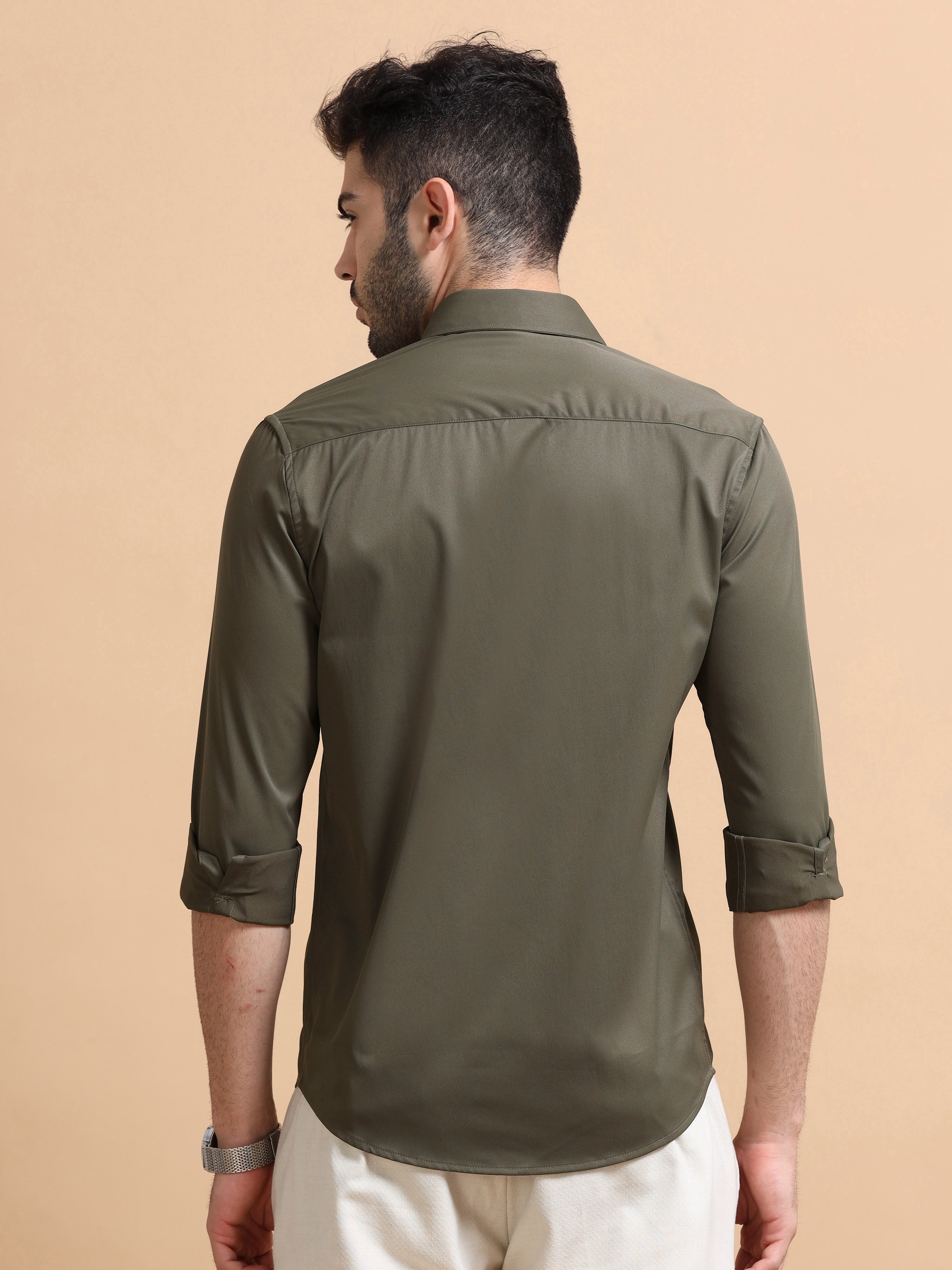 Men Olive Solid Polyester Shirt