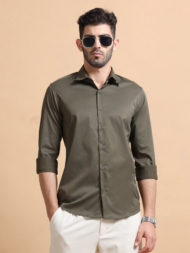 Men Olive Solid Polyester Shirt