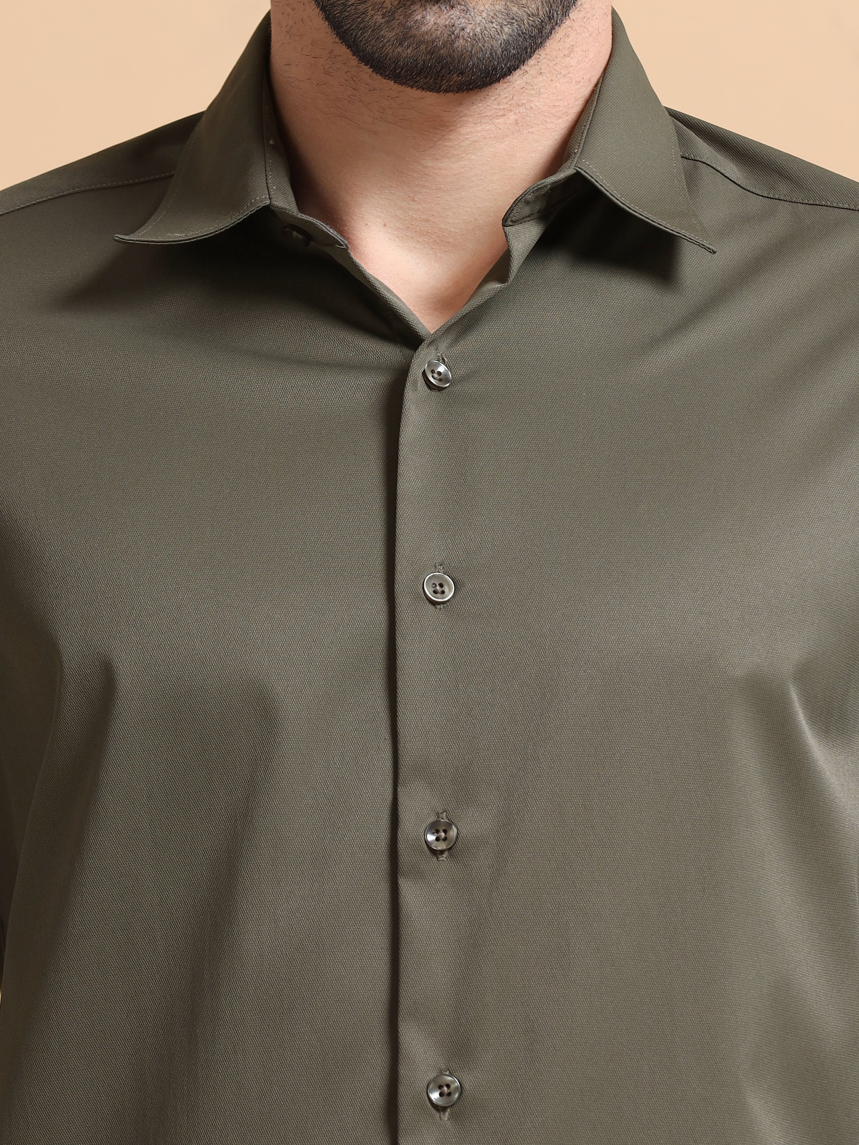 Men Olive Solid Polyester Shirt