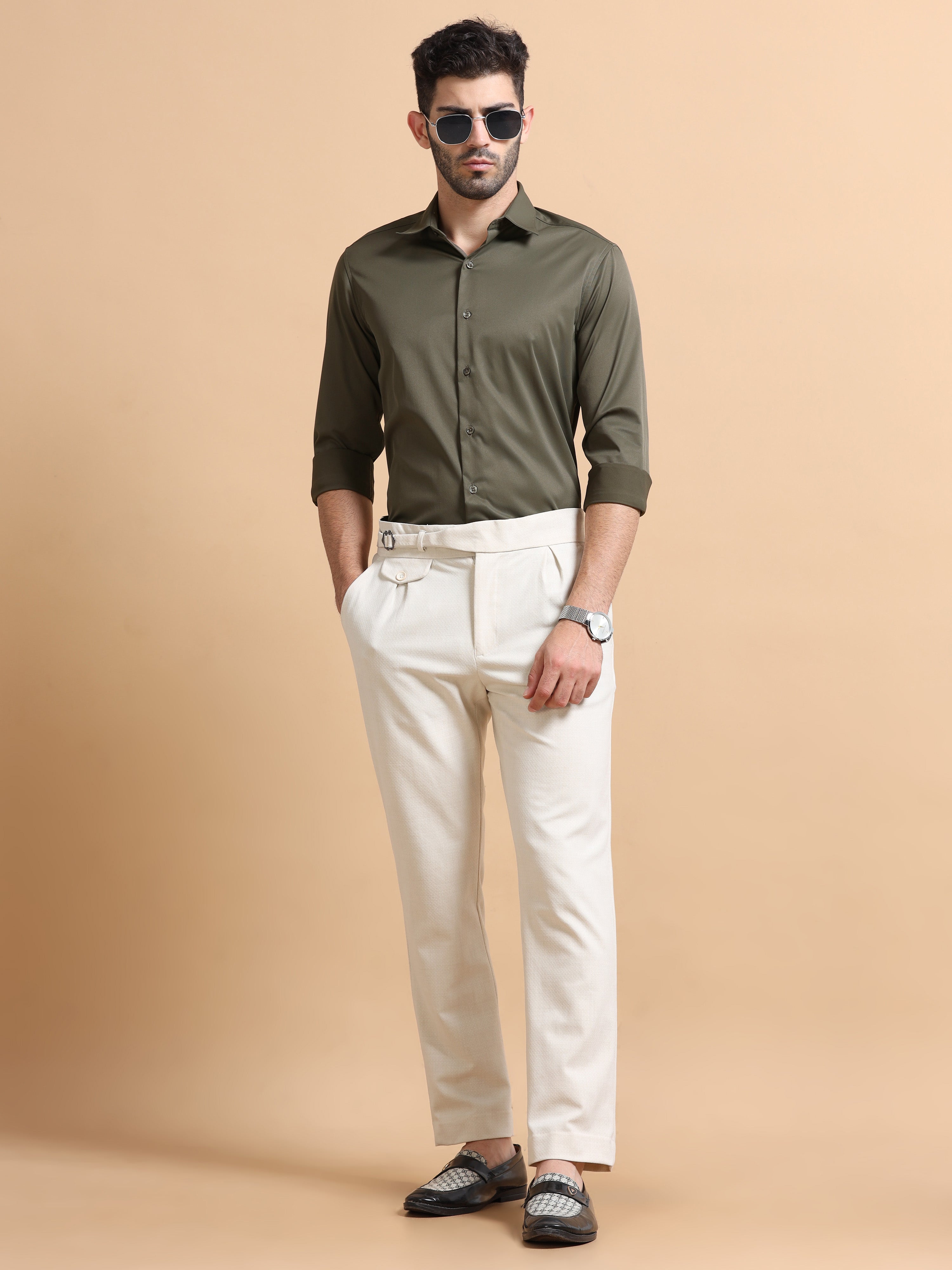Men Olive Solid Polyester Shirt
