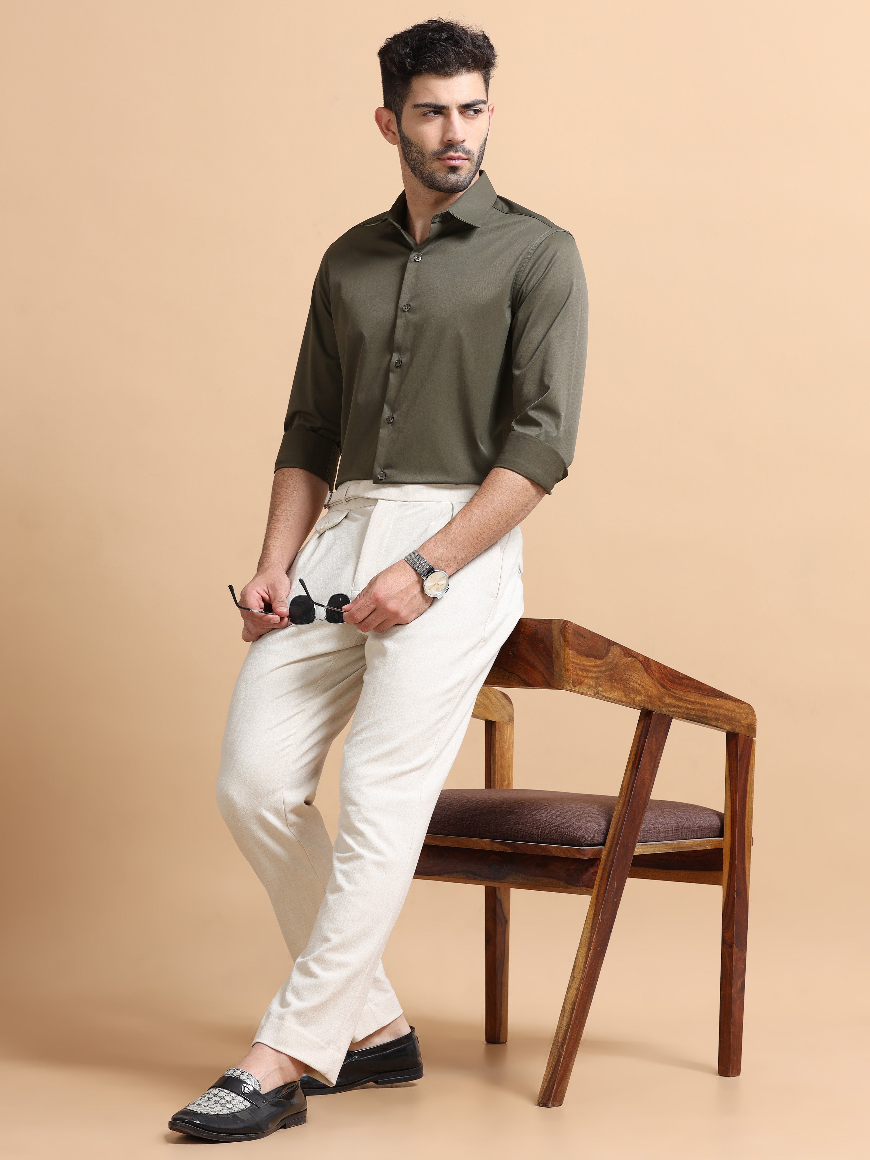 Men Olive Solid Polyester Shirt