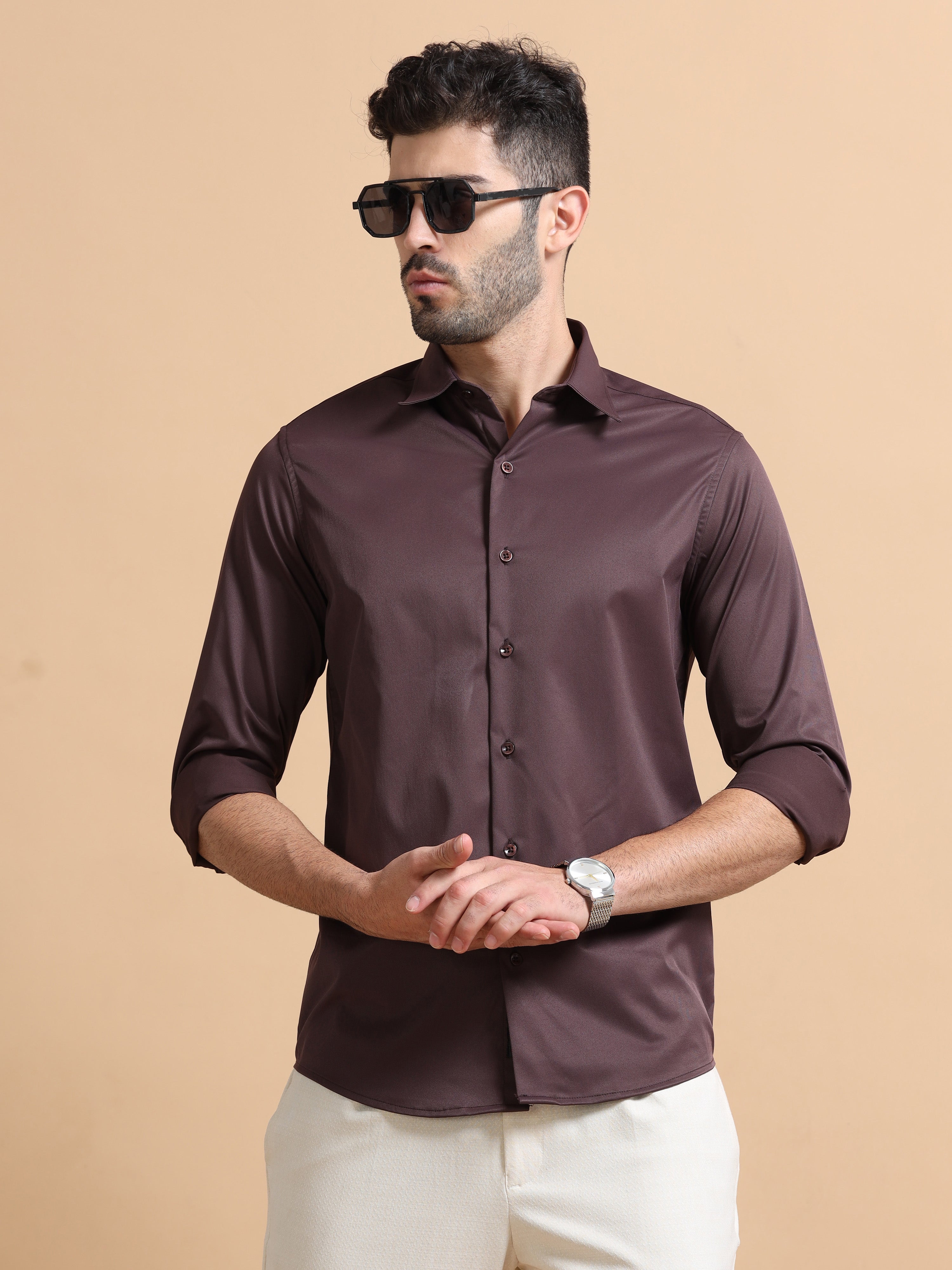 Men Purple Solid Polyester Shirt