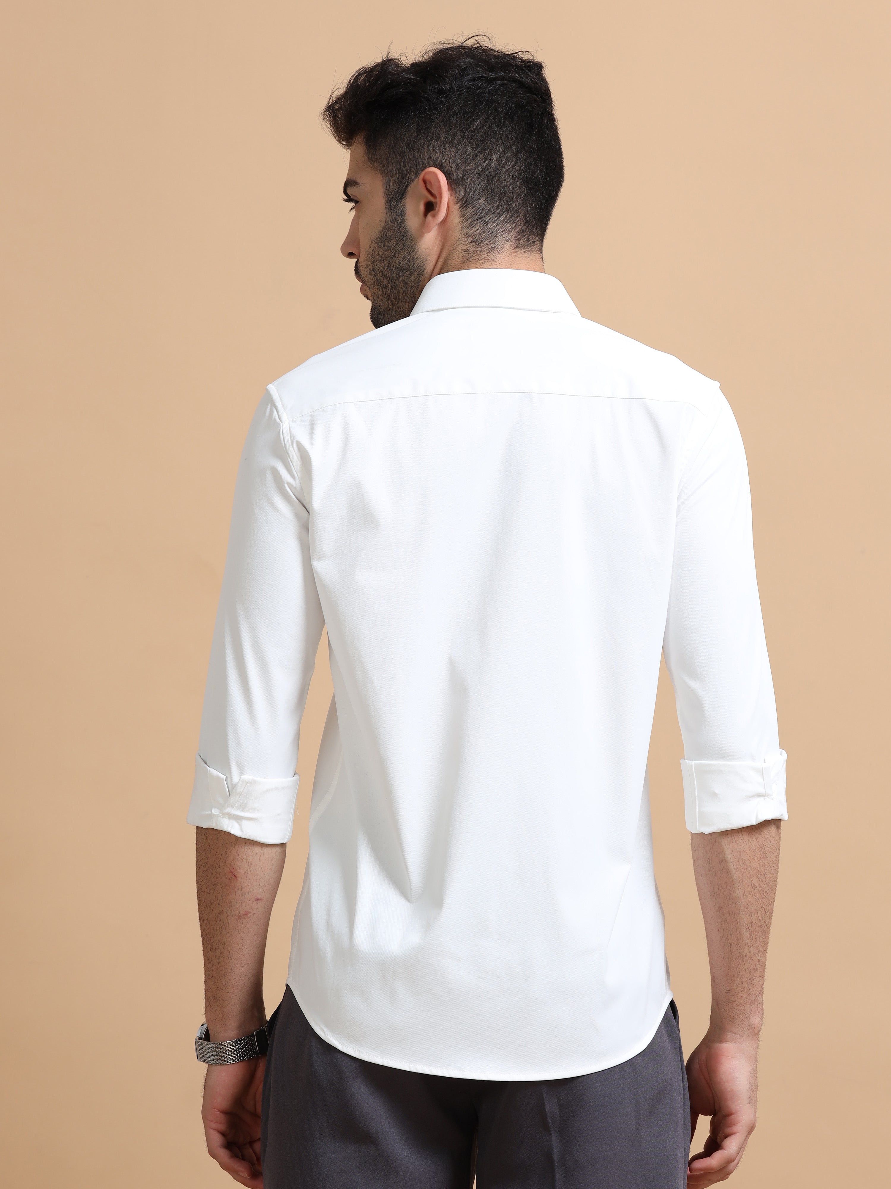 Men White Solid Polyester Shirt