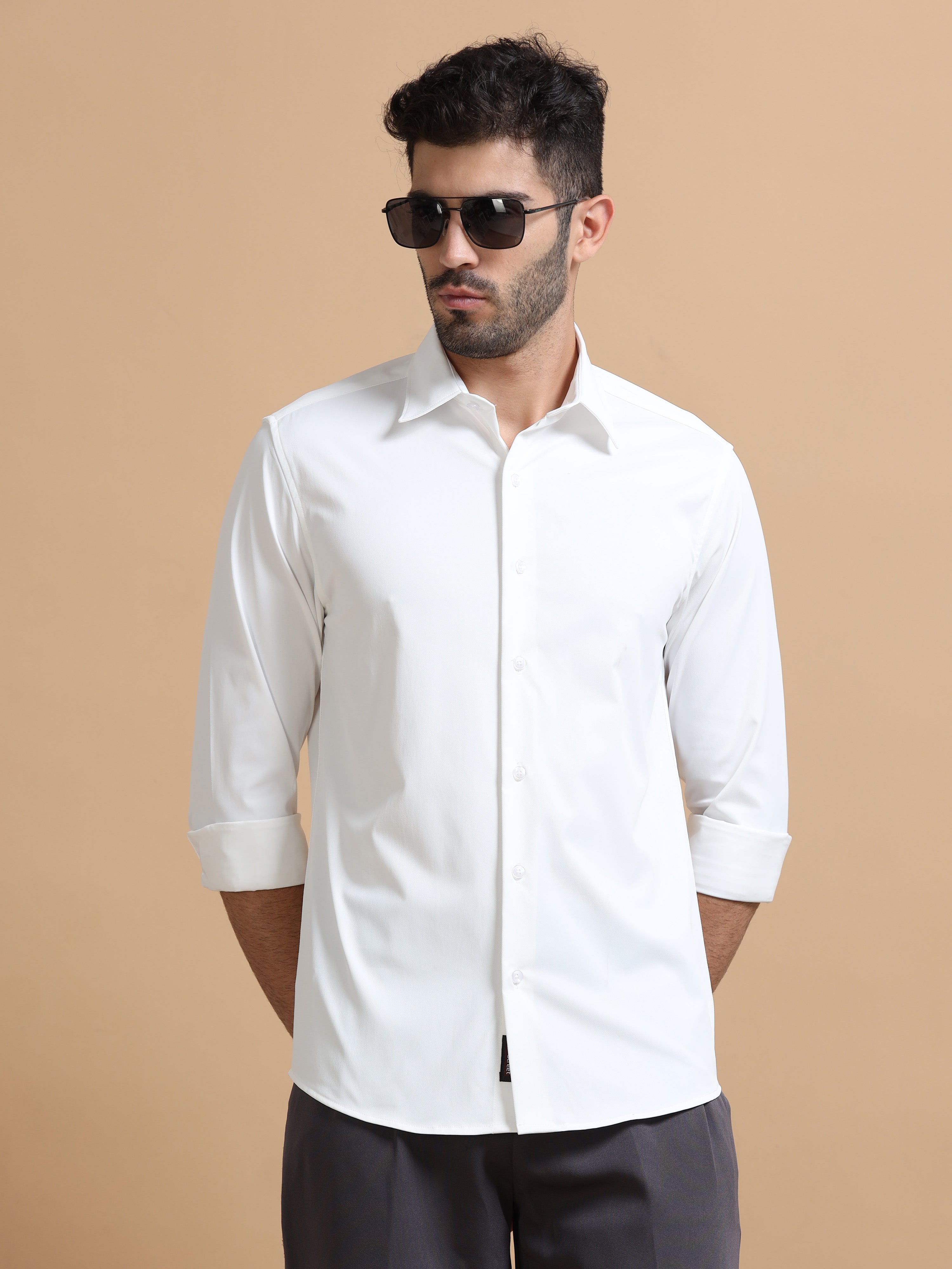 Men White Solid Polyester Shirt