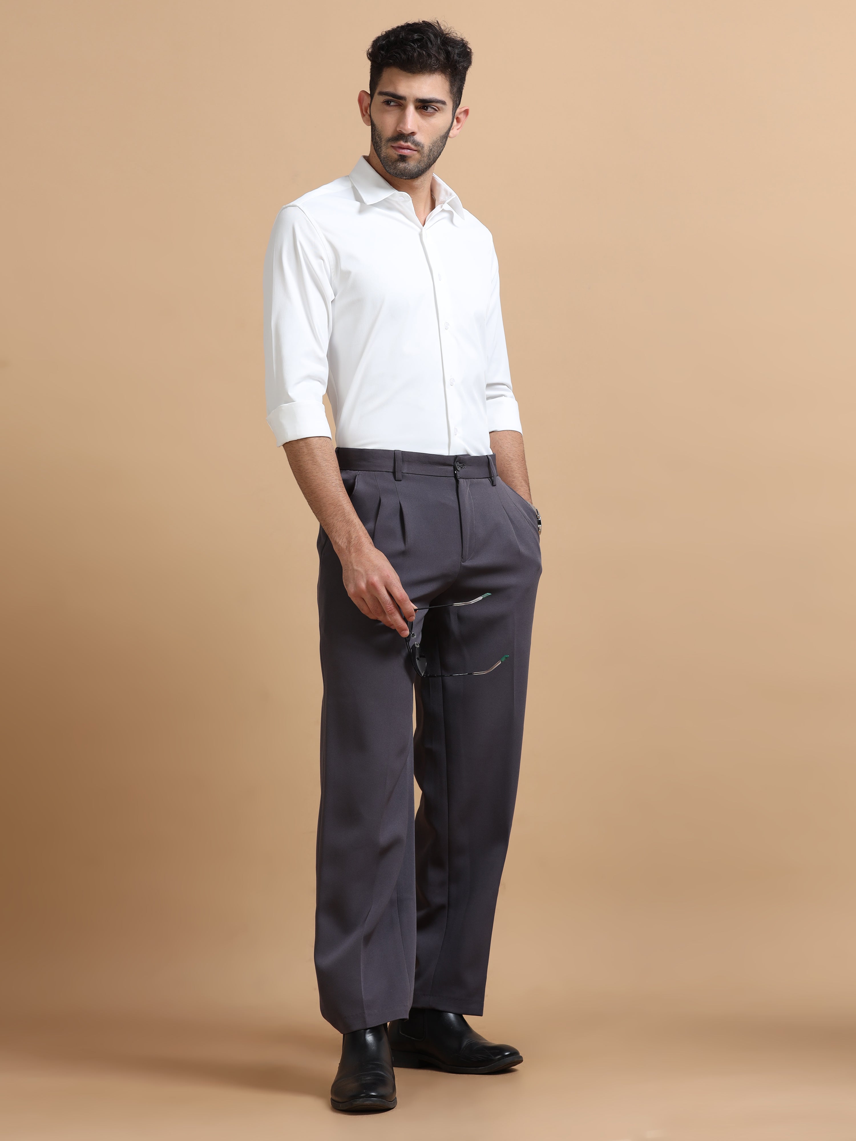 Men White Solid Polyester Shirt