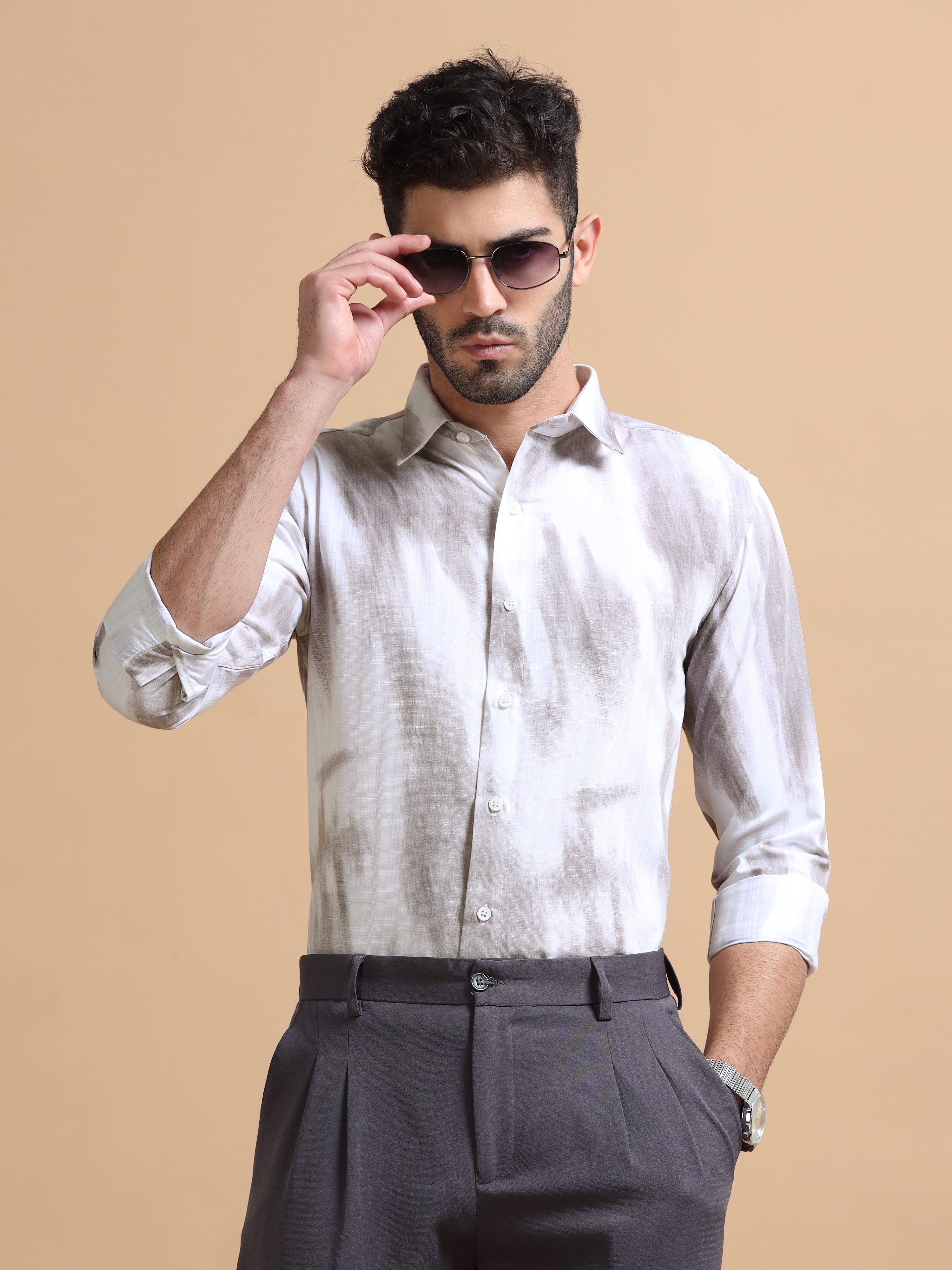 Men White Printed Cotton Shirt