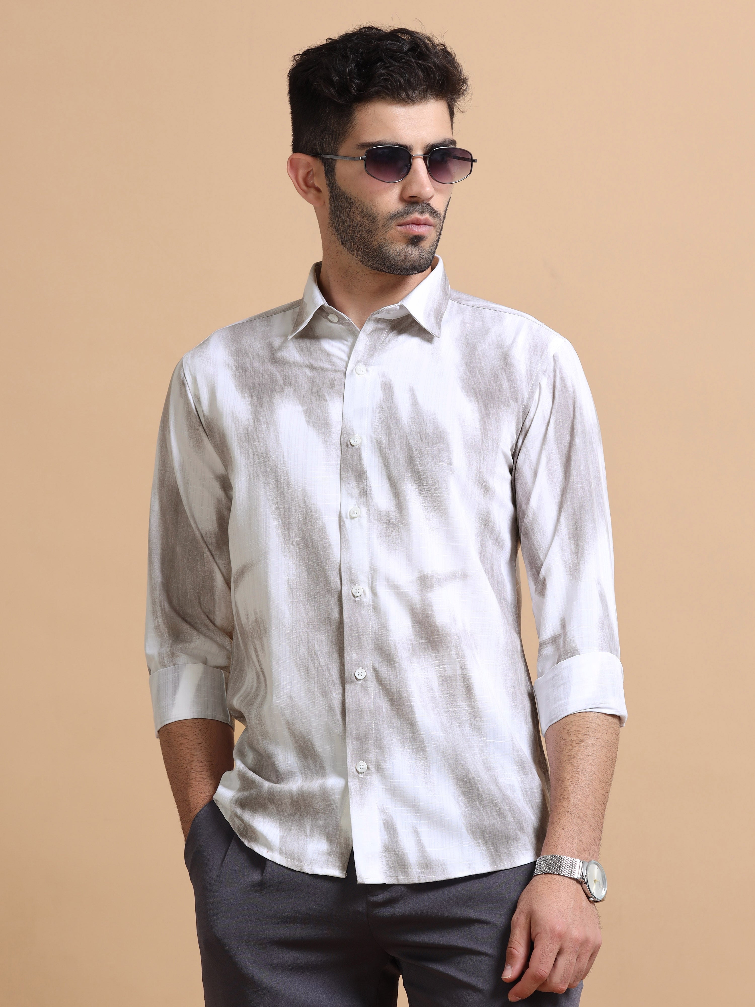 Men White Printed Cotton Shirt