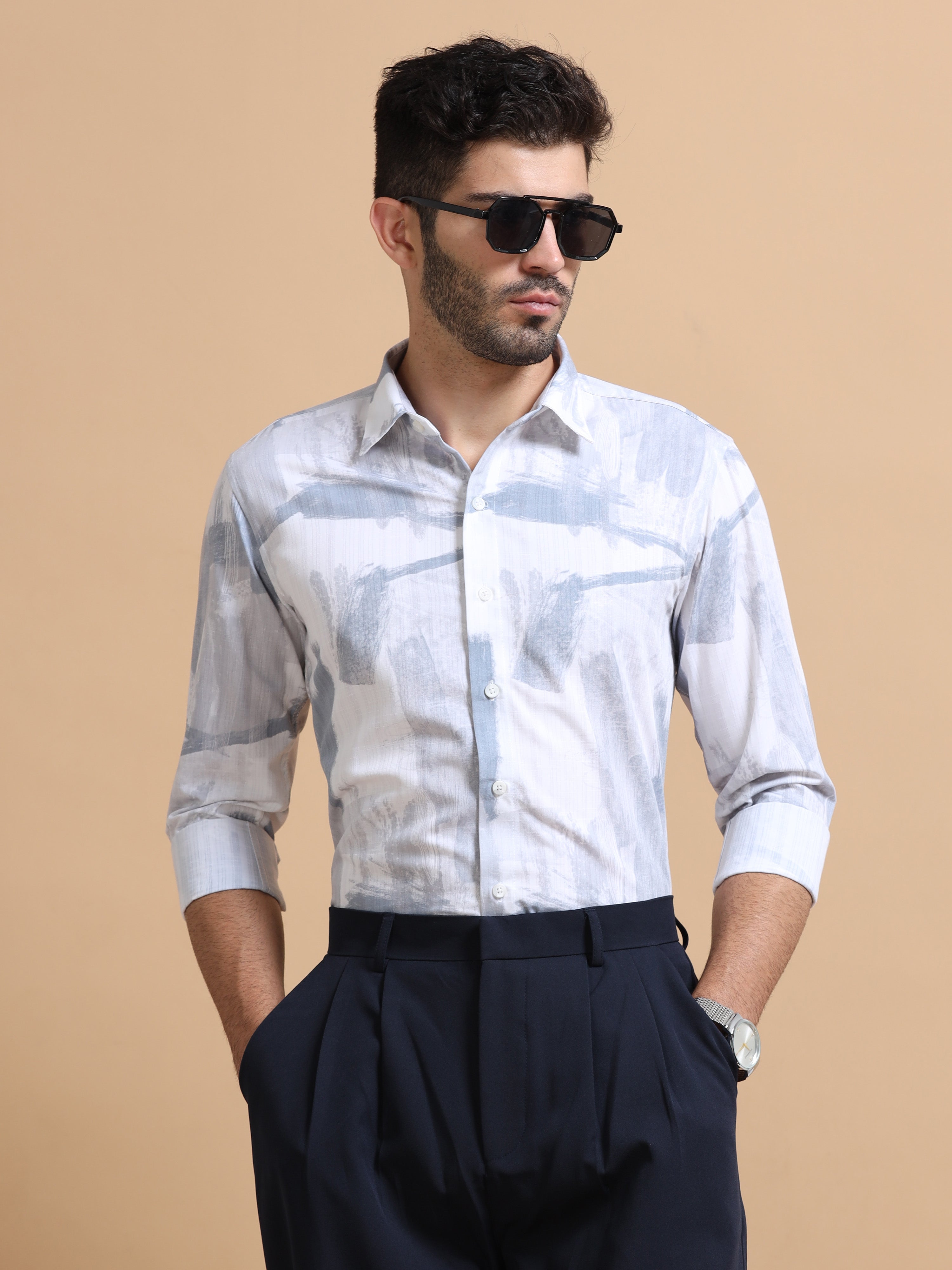 Men White Printed Cotton Shirt