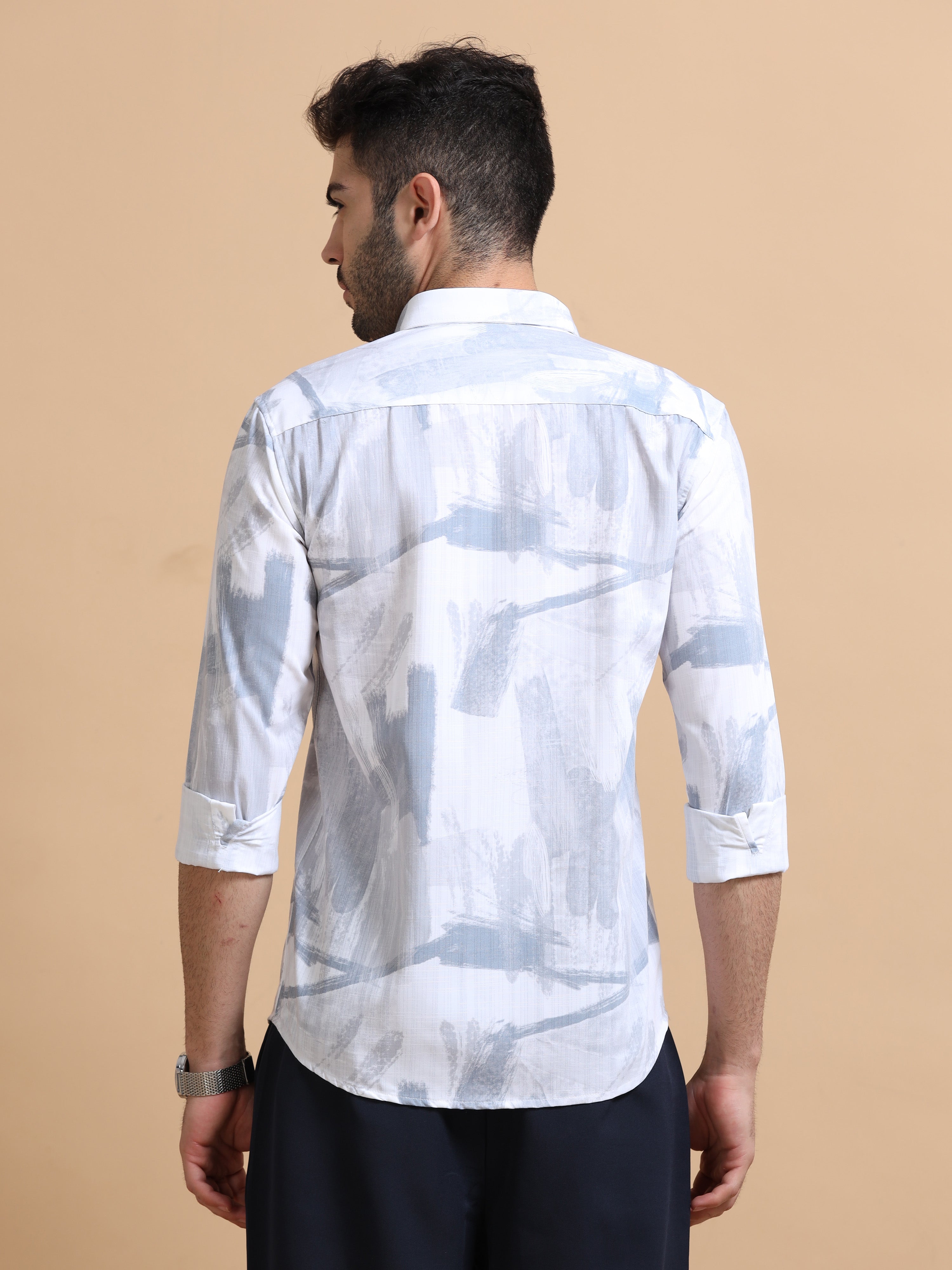 Men White Printed Cotton Shirt