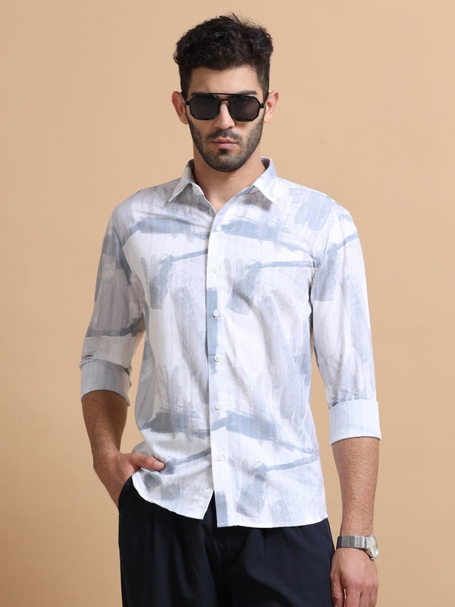 Men White Printed Cotton Shirt