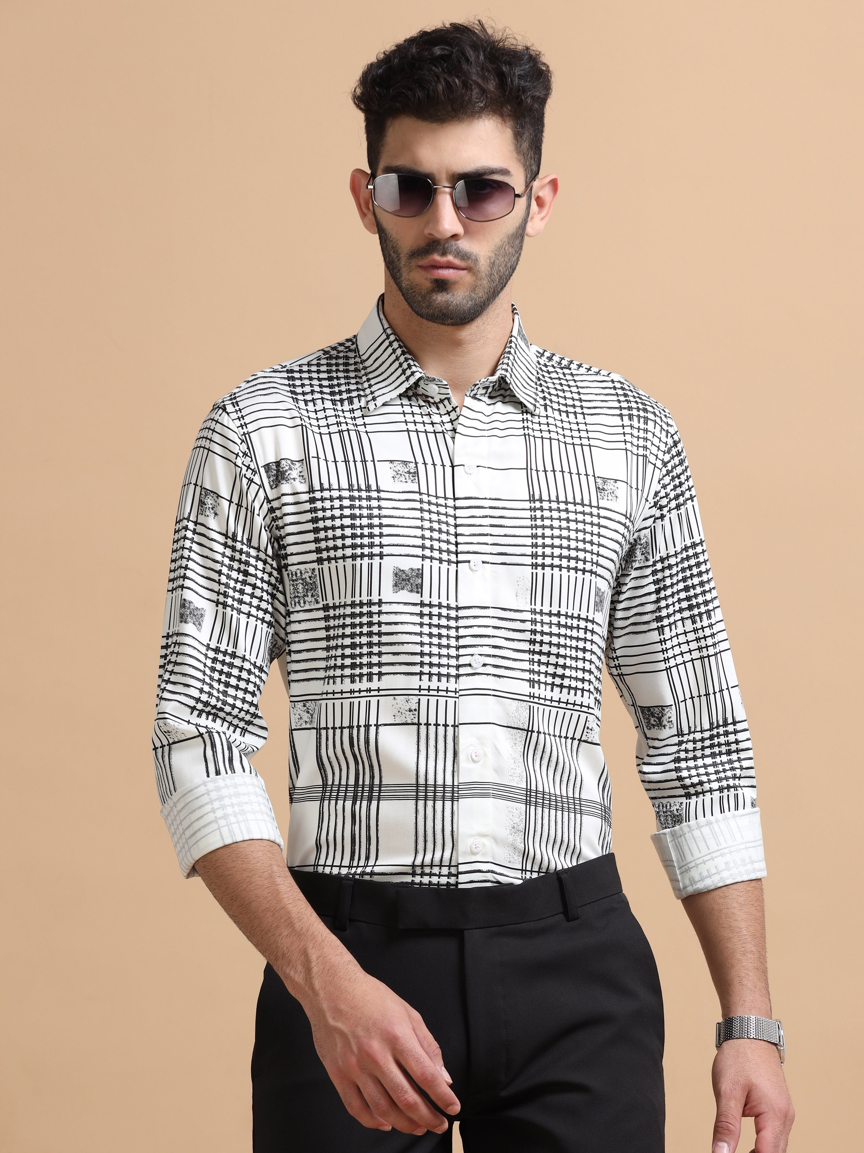 Men White Checked Cotton Blend Shirt