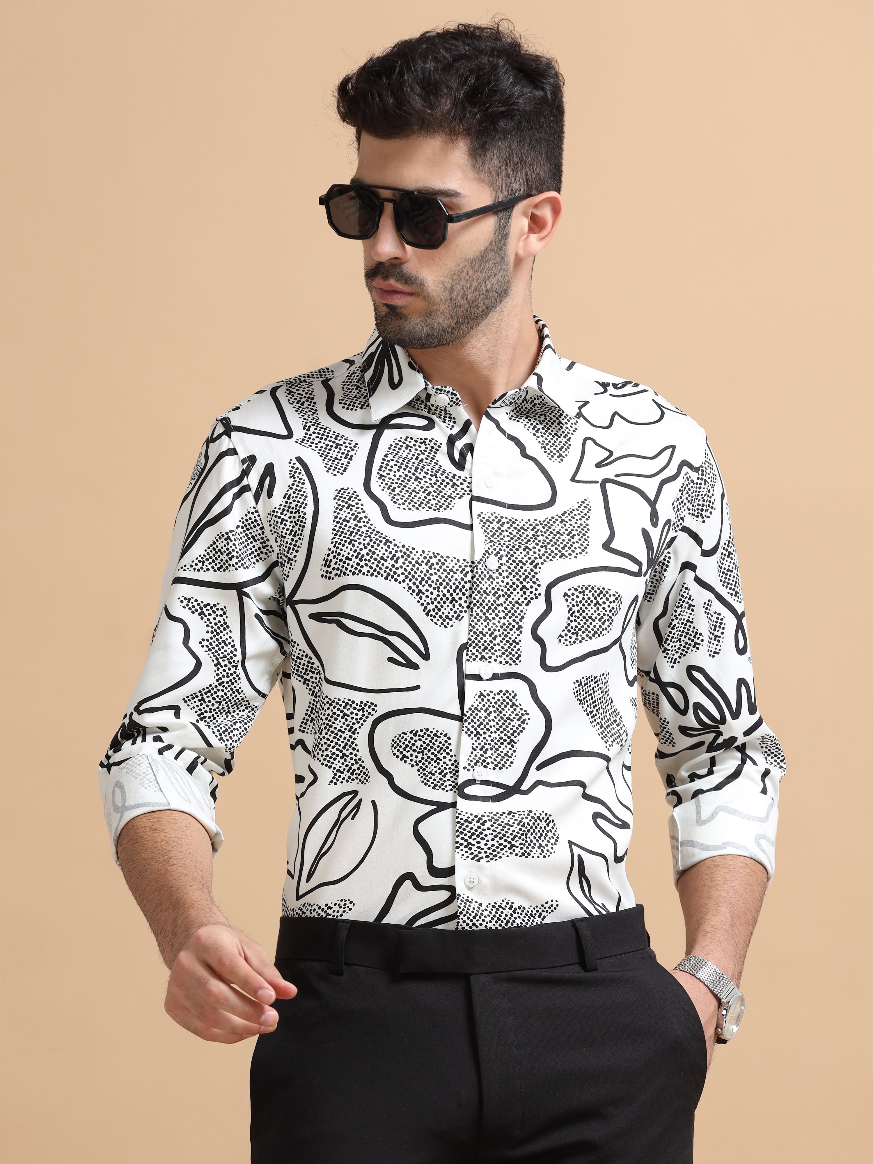 Men White Printed Cotton Blend Shirt