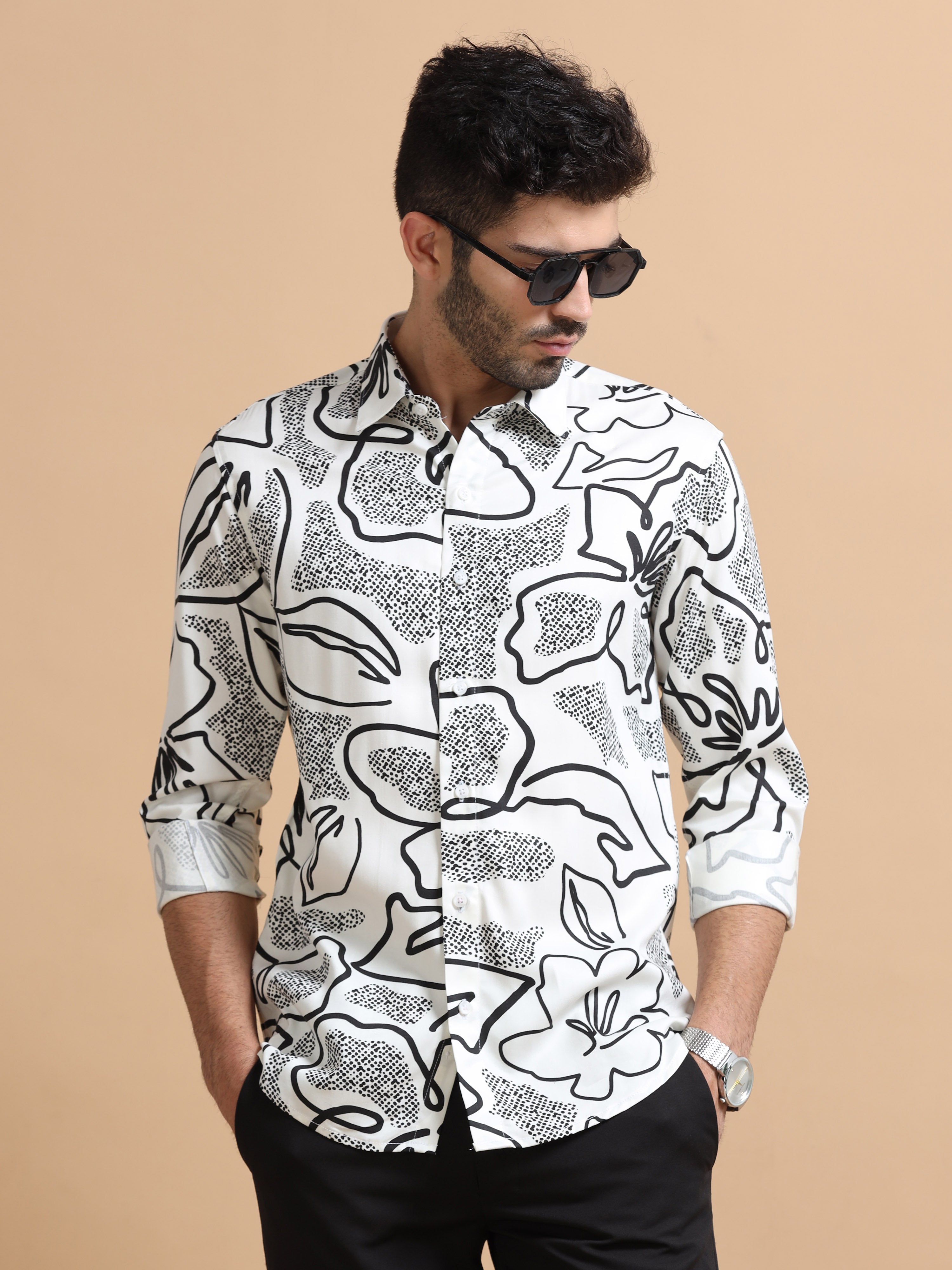 Men White Printed Cotton Blend Shirt
