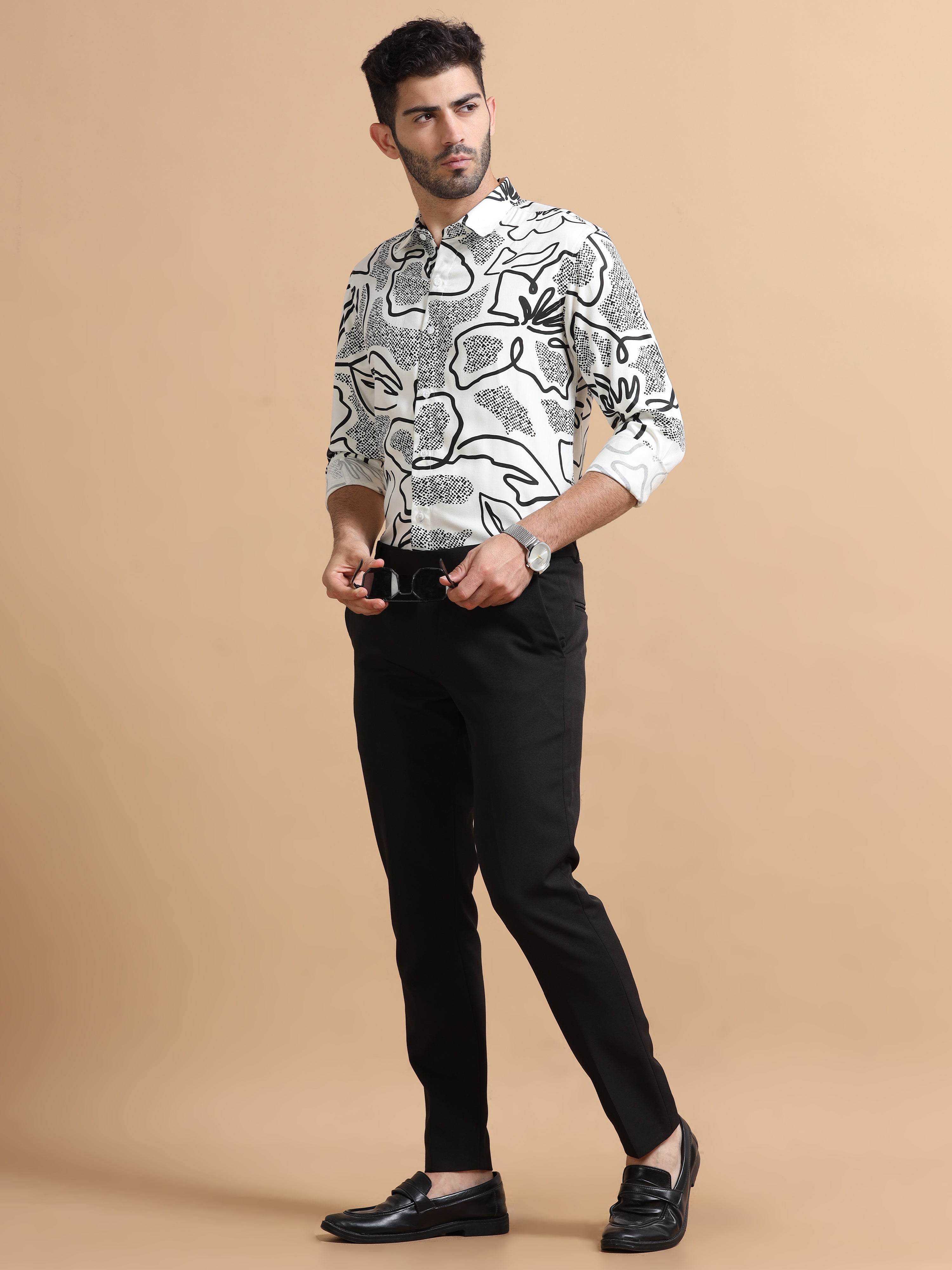 Men White Printed Cotton Blend Shirt