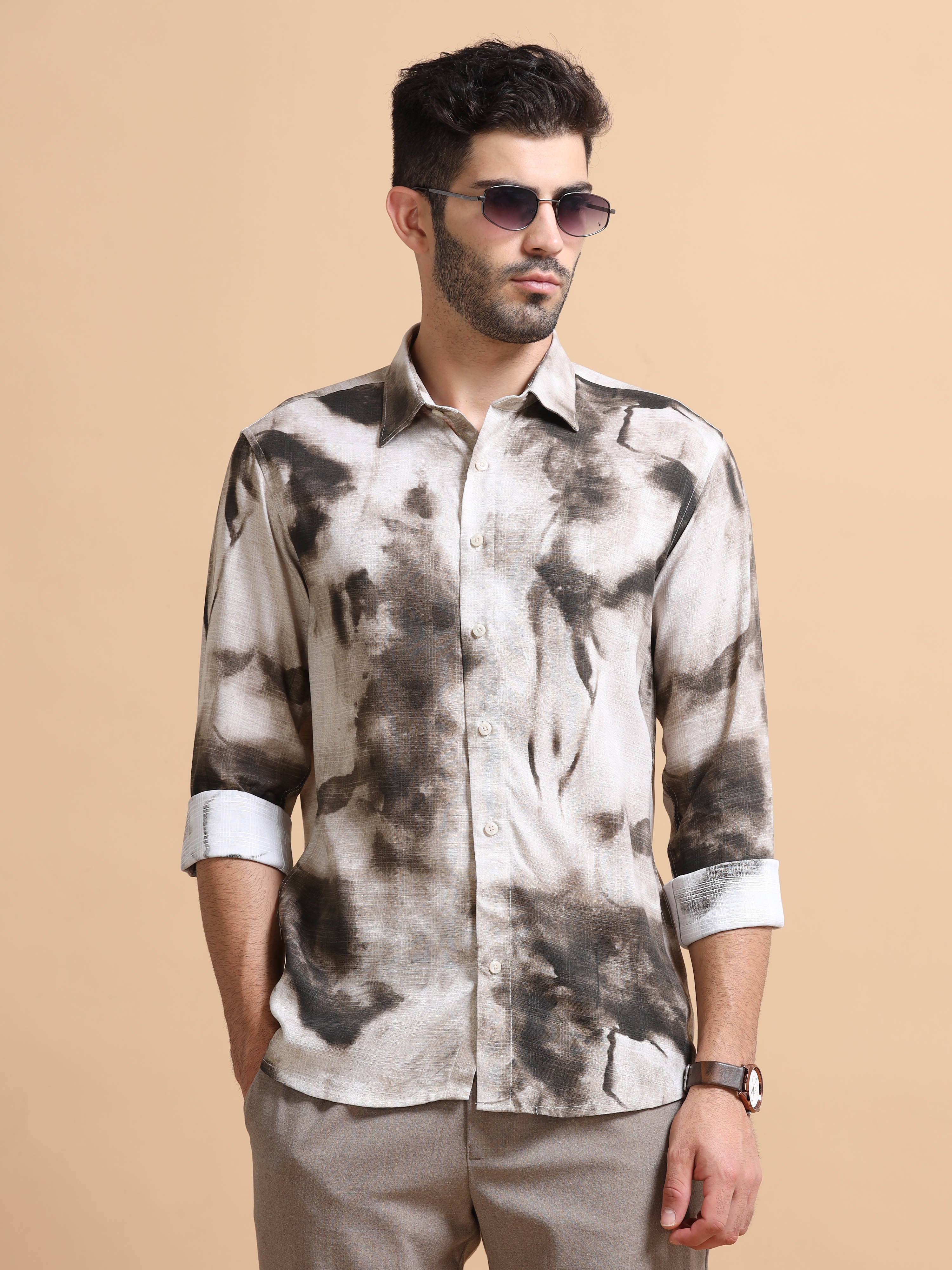 Men Brown Printed Cotton Blend Shirt