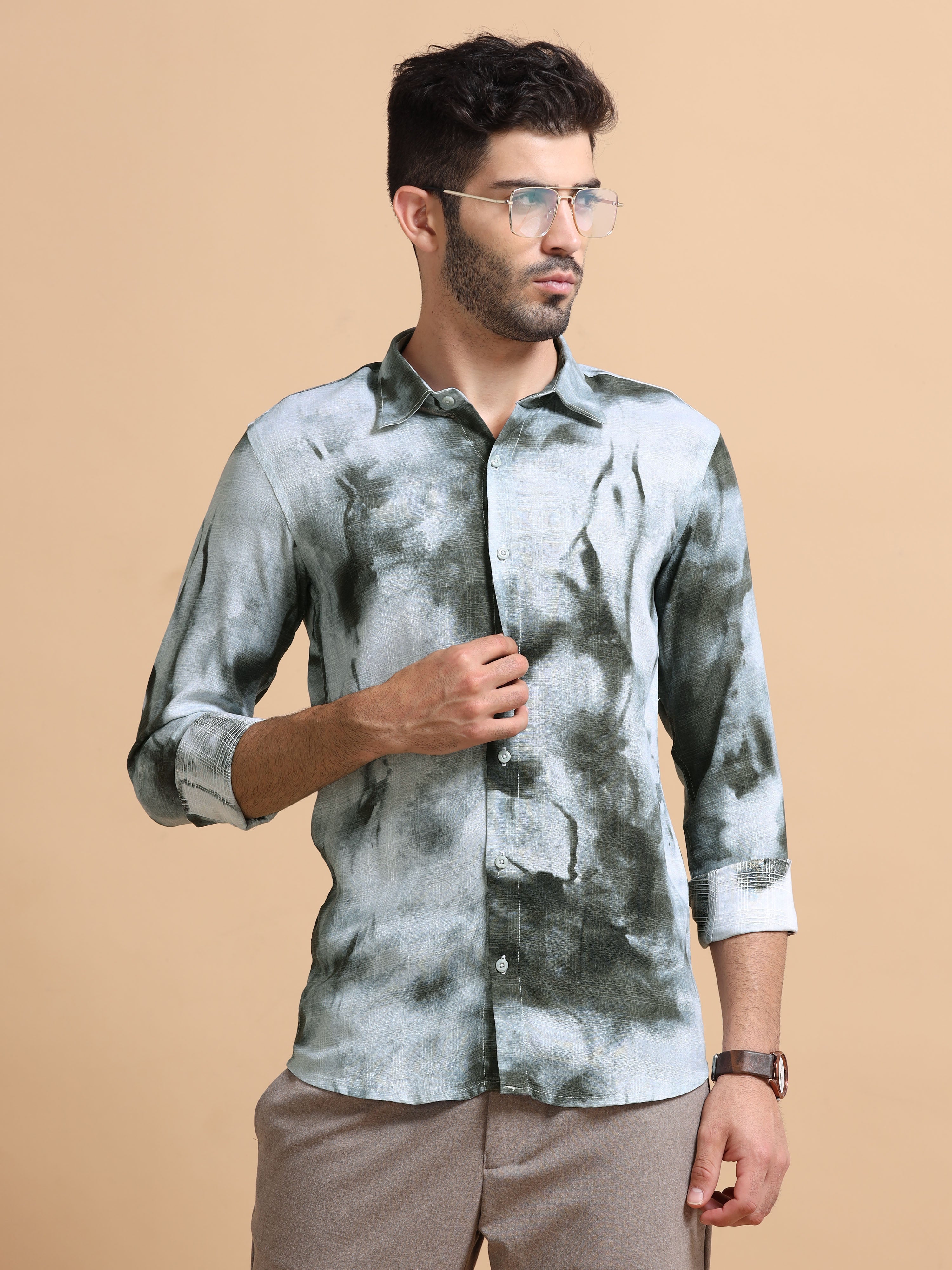 Men Grey Printed Cotton Blend Shirt