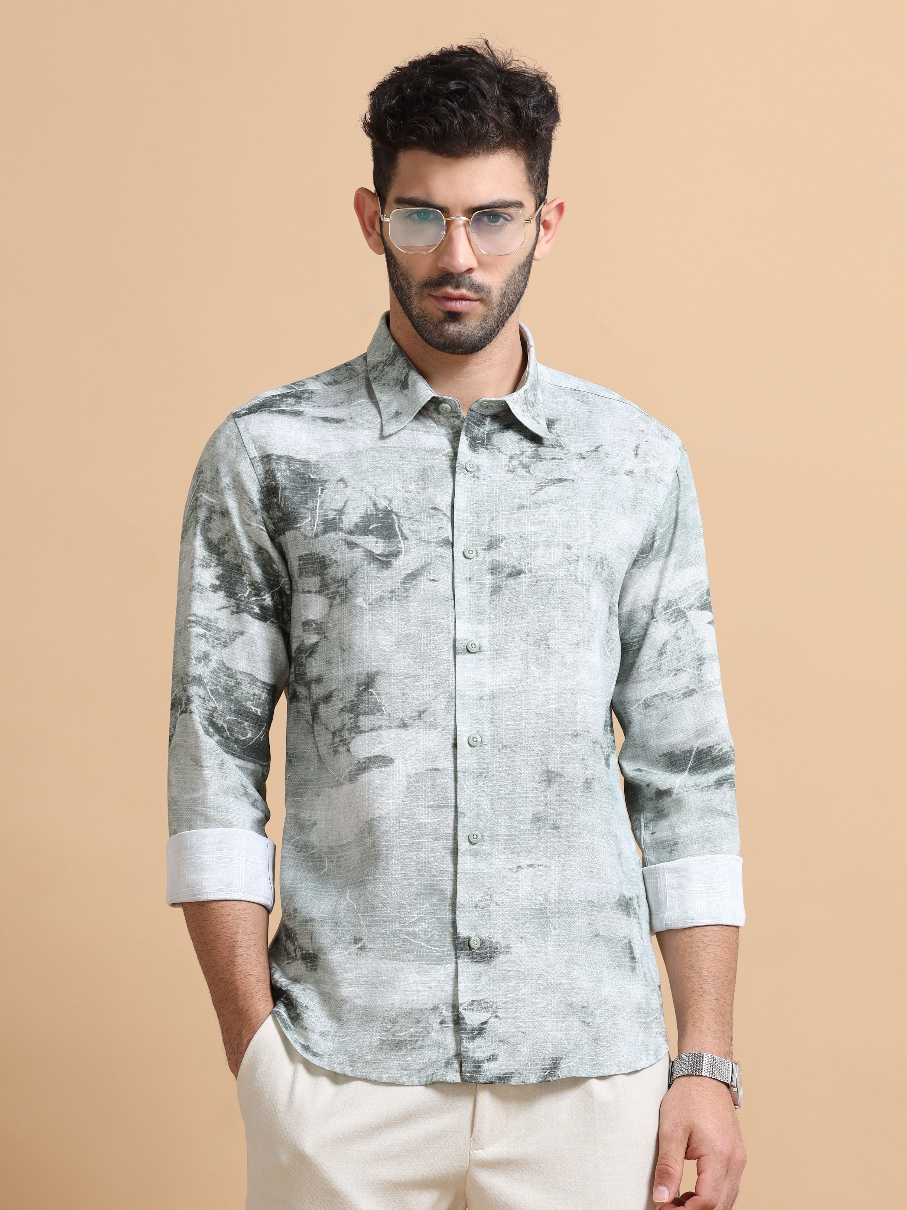 Men Green Printed Cotton Blend Shirt